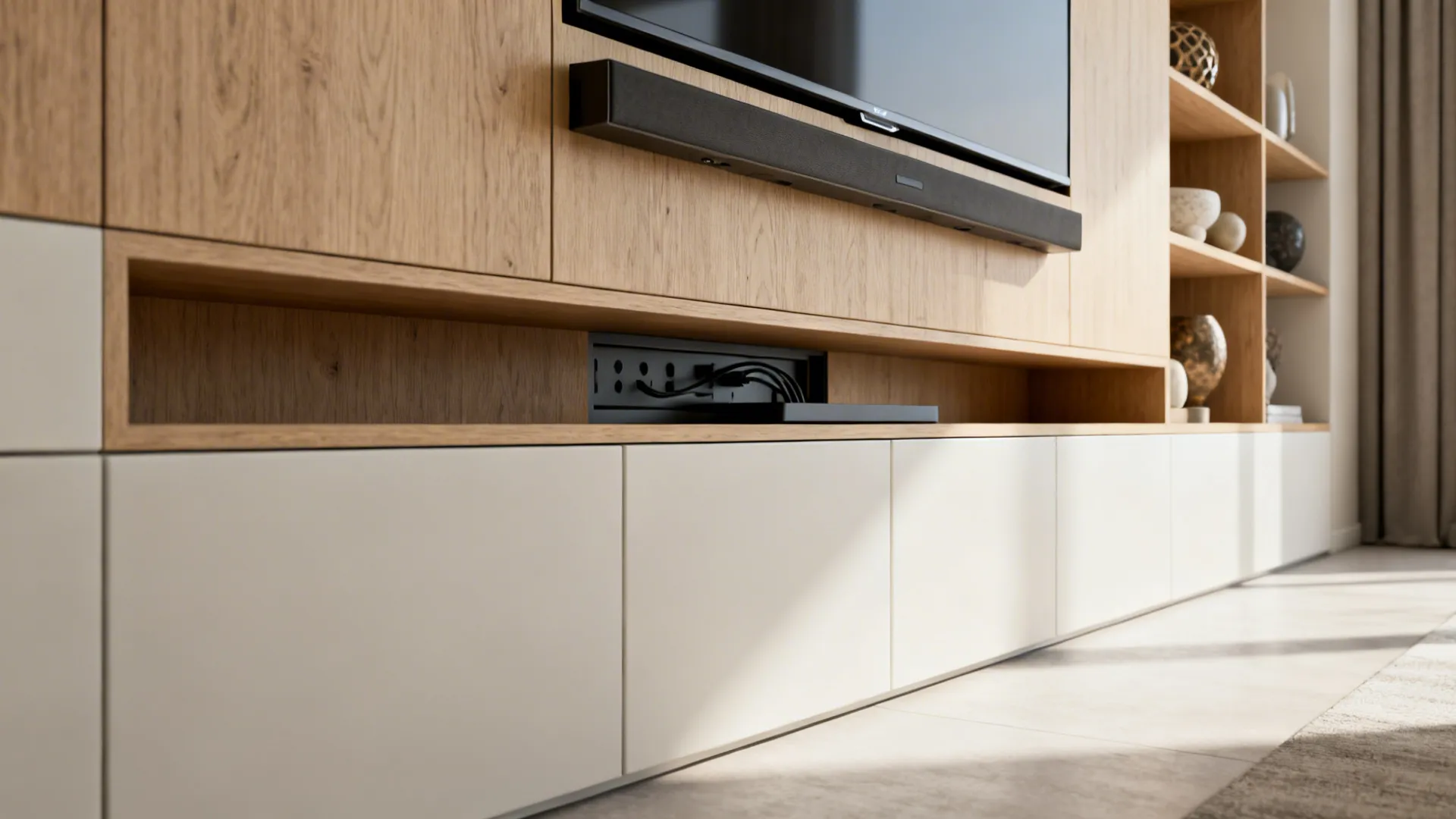 Slim media wall with recessed cabinets, shallow shelves, and concealed cable panel in a small living room.