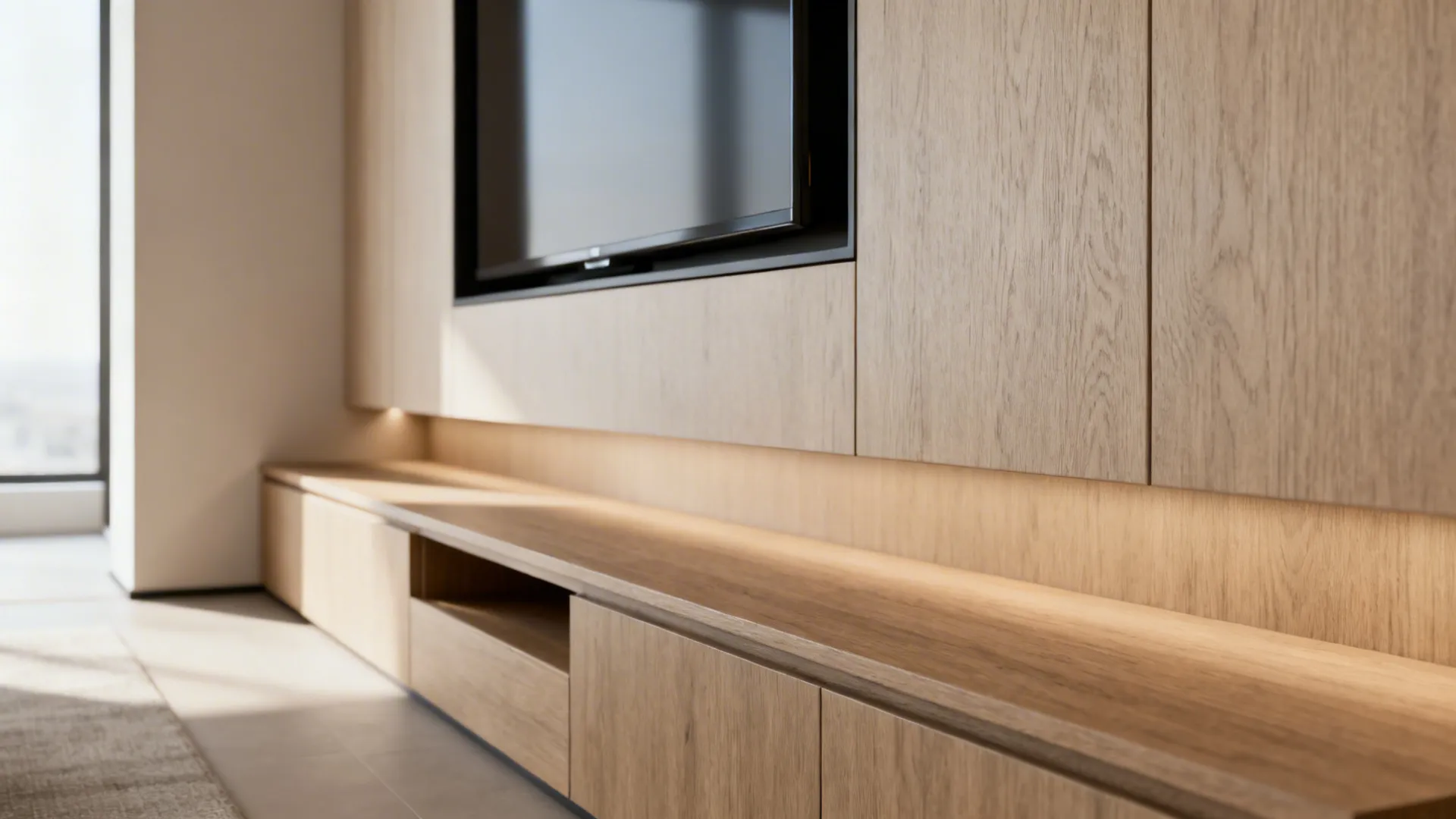 Slim media wall with mounted TV and shallow recessed cabinets to save floor footprint.