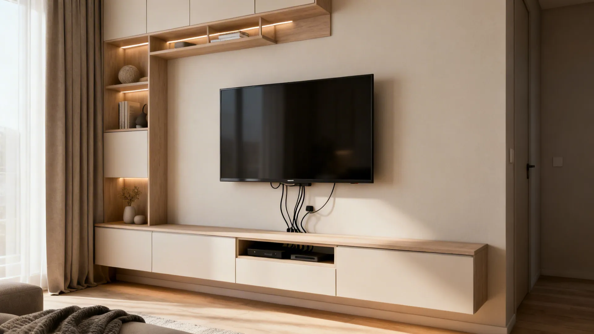 Slim media wall with floating cabinets and integrated shelving in a compact living room.