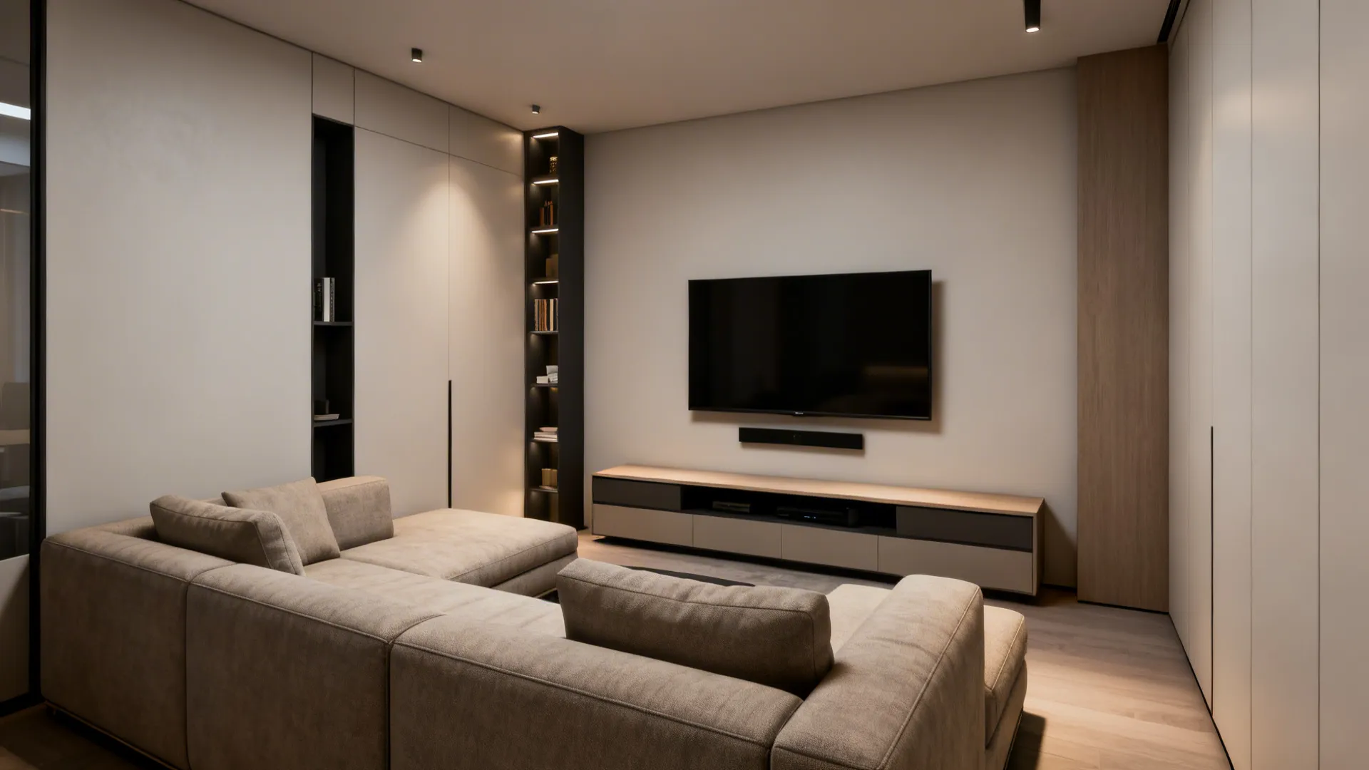 Small living room with L-shaped couch and wall-mounted TV with low-profile media cabinet