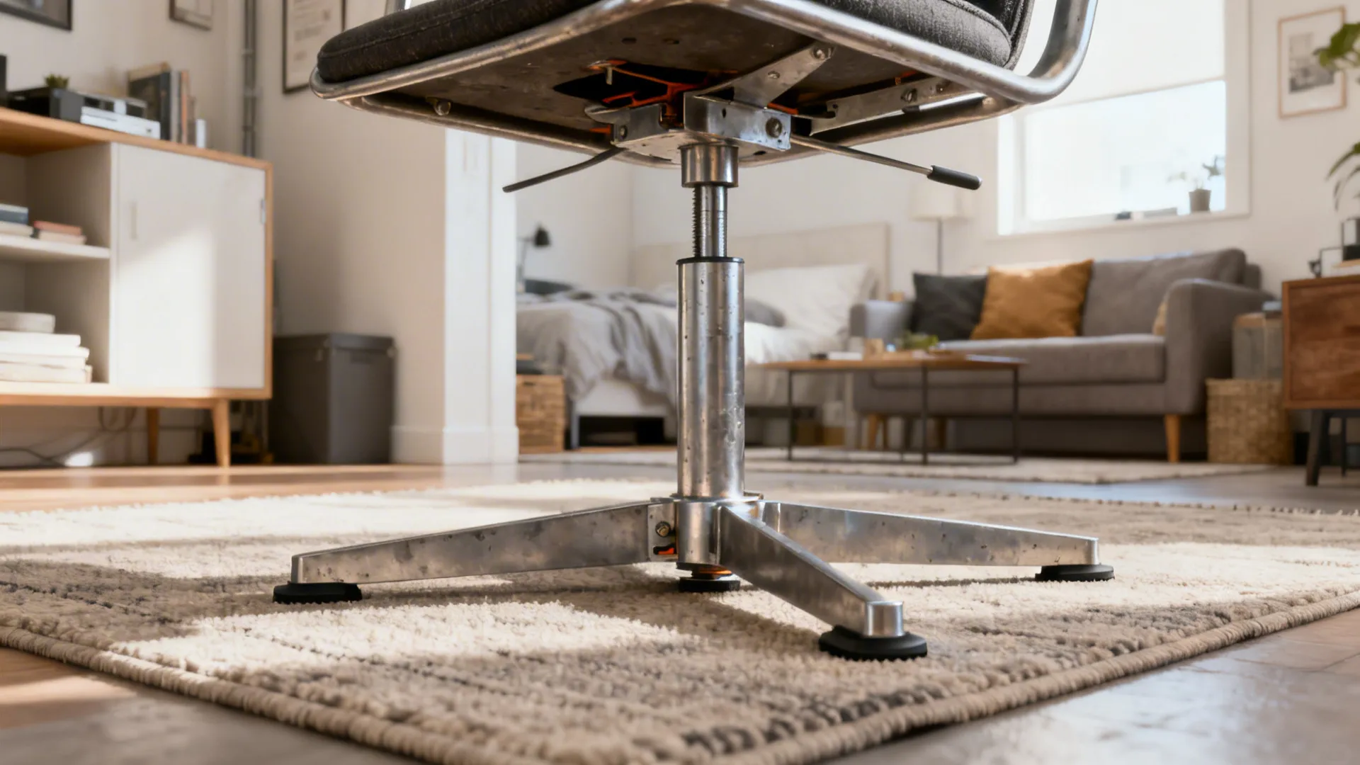 Slim metal-base swivel chair with visible tilt mechanism and floor protection