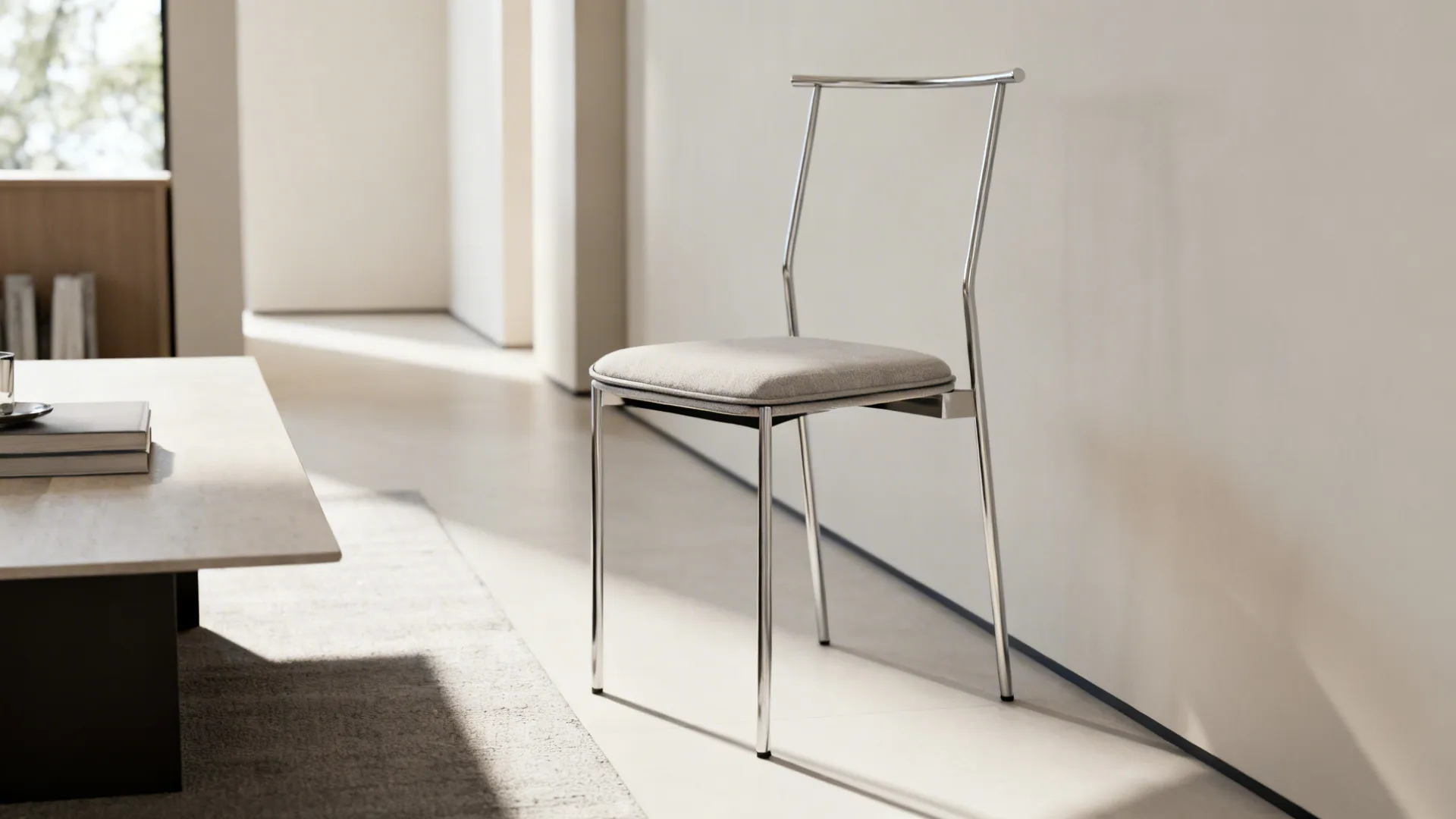 Slim metal chair with grey seat cushion standing in a minimalist room near a table