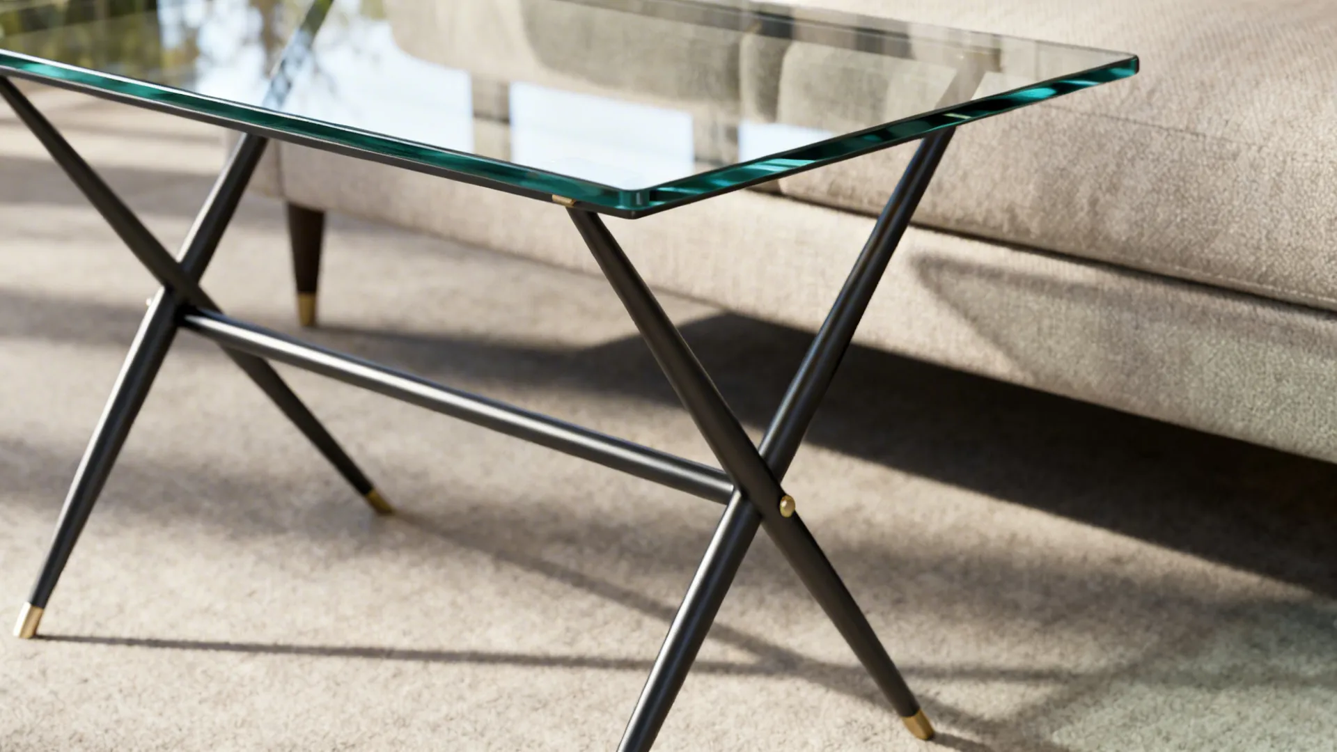 Slim powder-coated metal base supporting a clear tempered glass end table top with cross-supports.