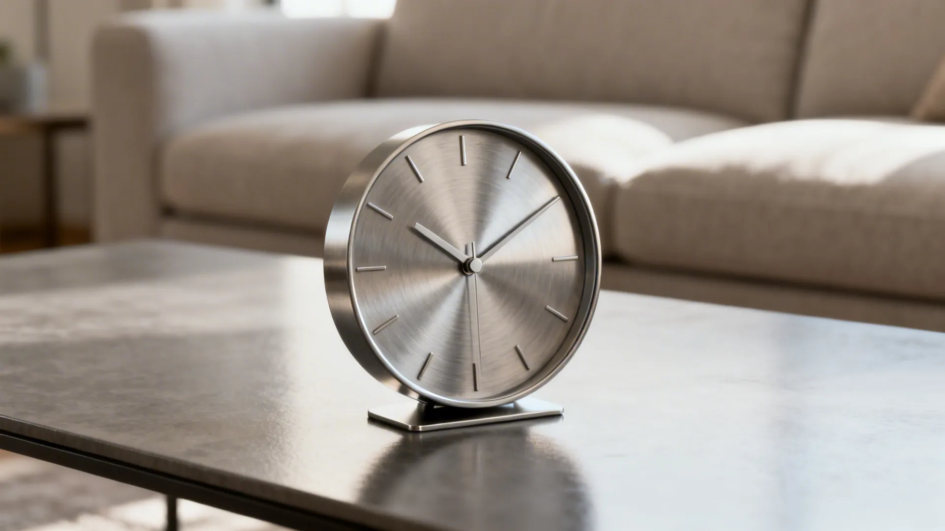 Modern round metal clock on a grey coffee table with a blurred sofa background view