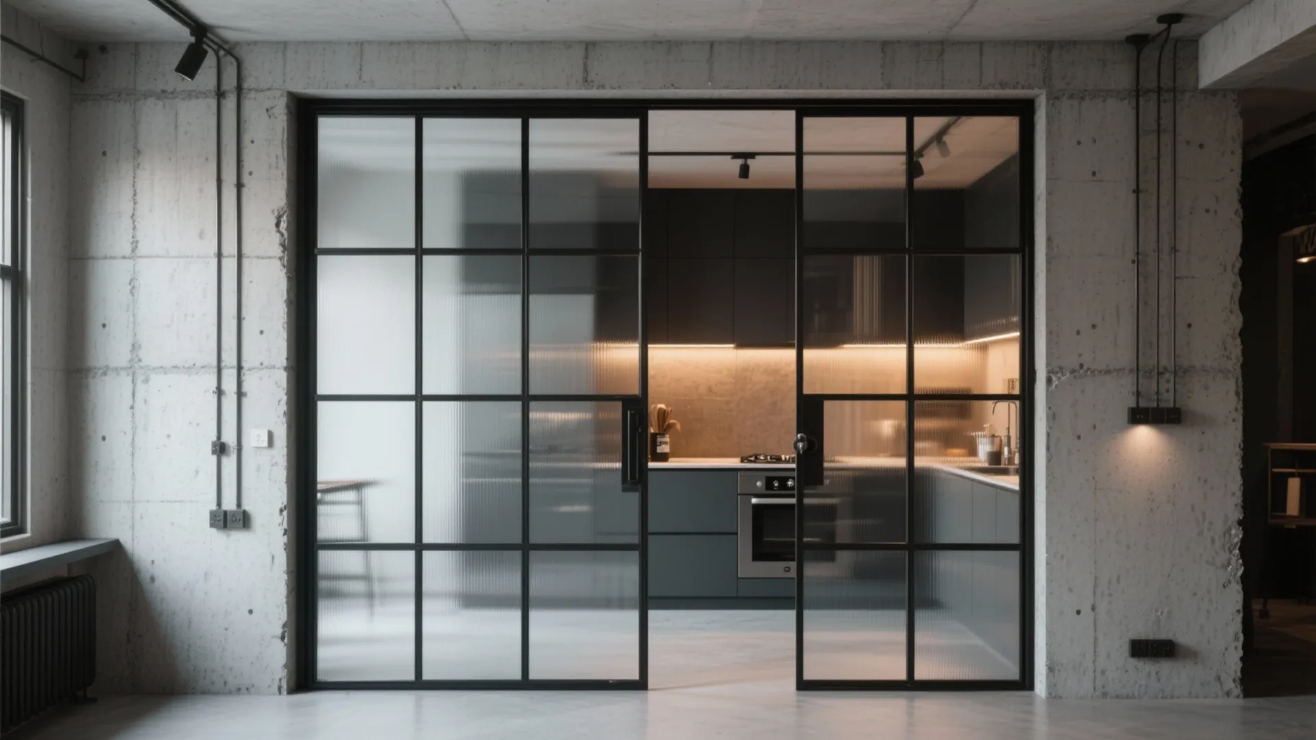 5. Slim-frame metal swing doors for industrial flair