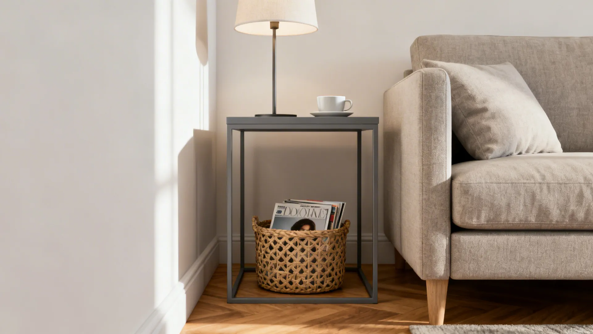 Slim metal-frame gray end table between a sofa and wall with basket underneath