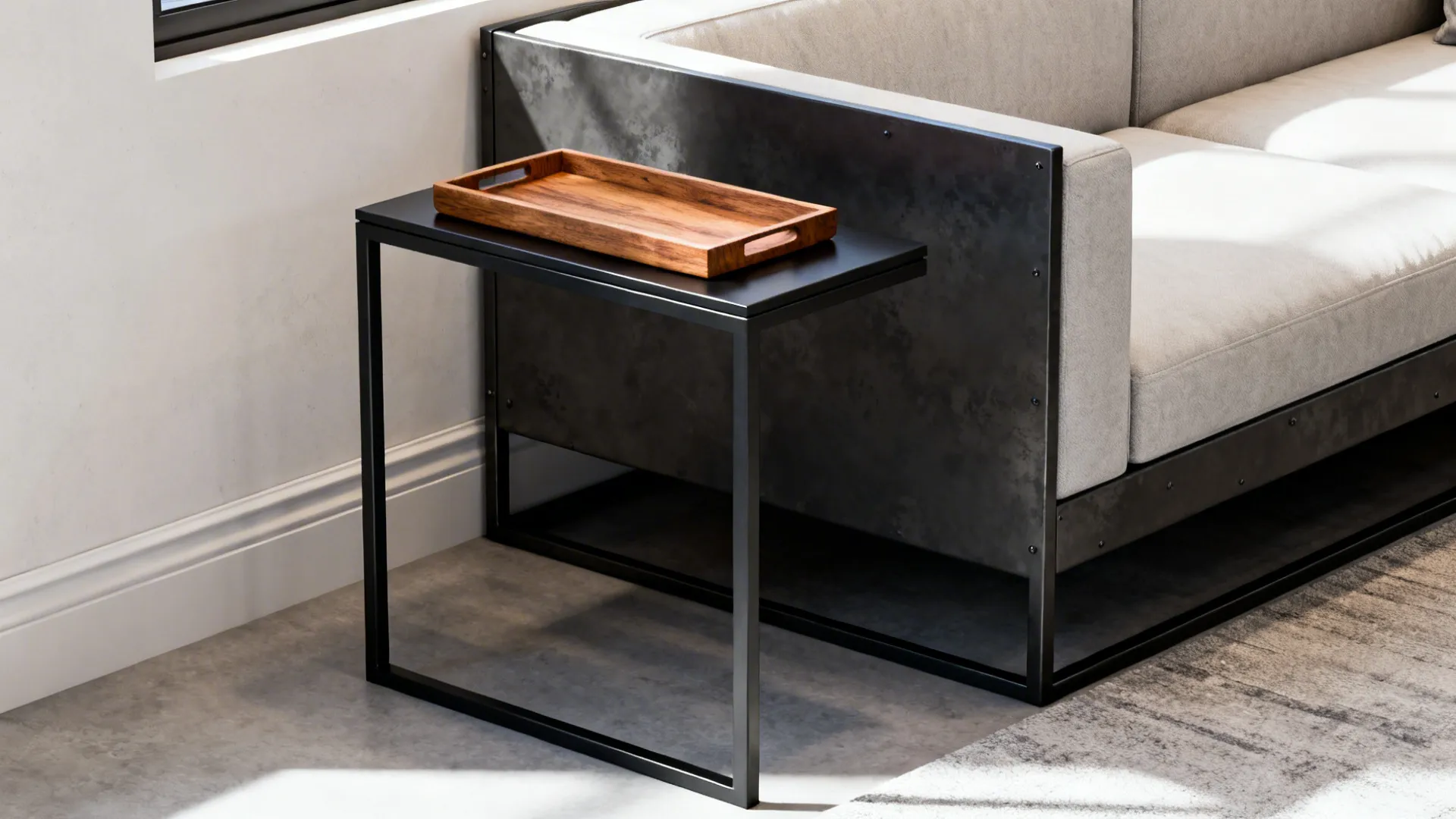 Slim black metal frame end table with a wooden tray beside a small sofa in an industrial-chic small living room.