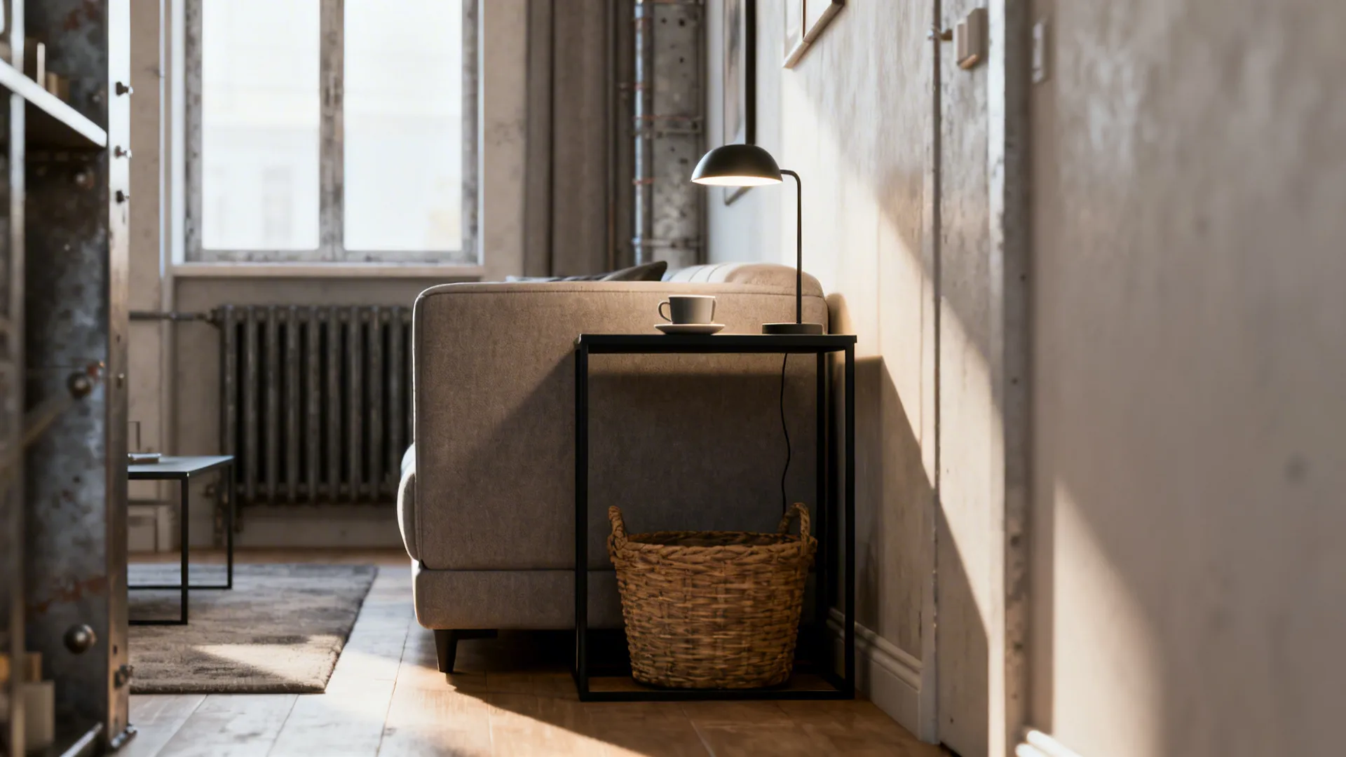 Slim black metal end table beside a compact sofa with a basket underneath in a narrow living room.