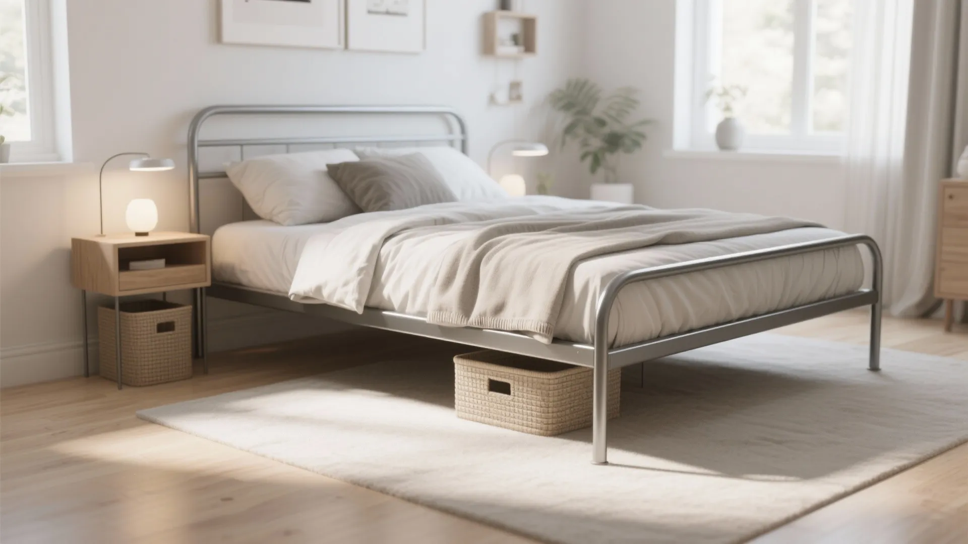Modern bedroom with silver metal bed frame white bedding wooden side table and woven storage basket