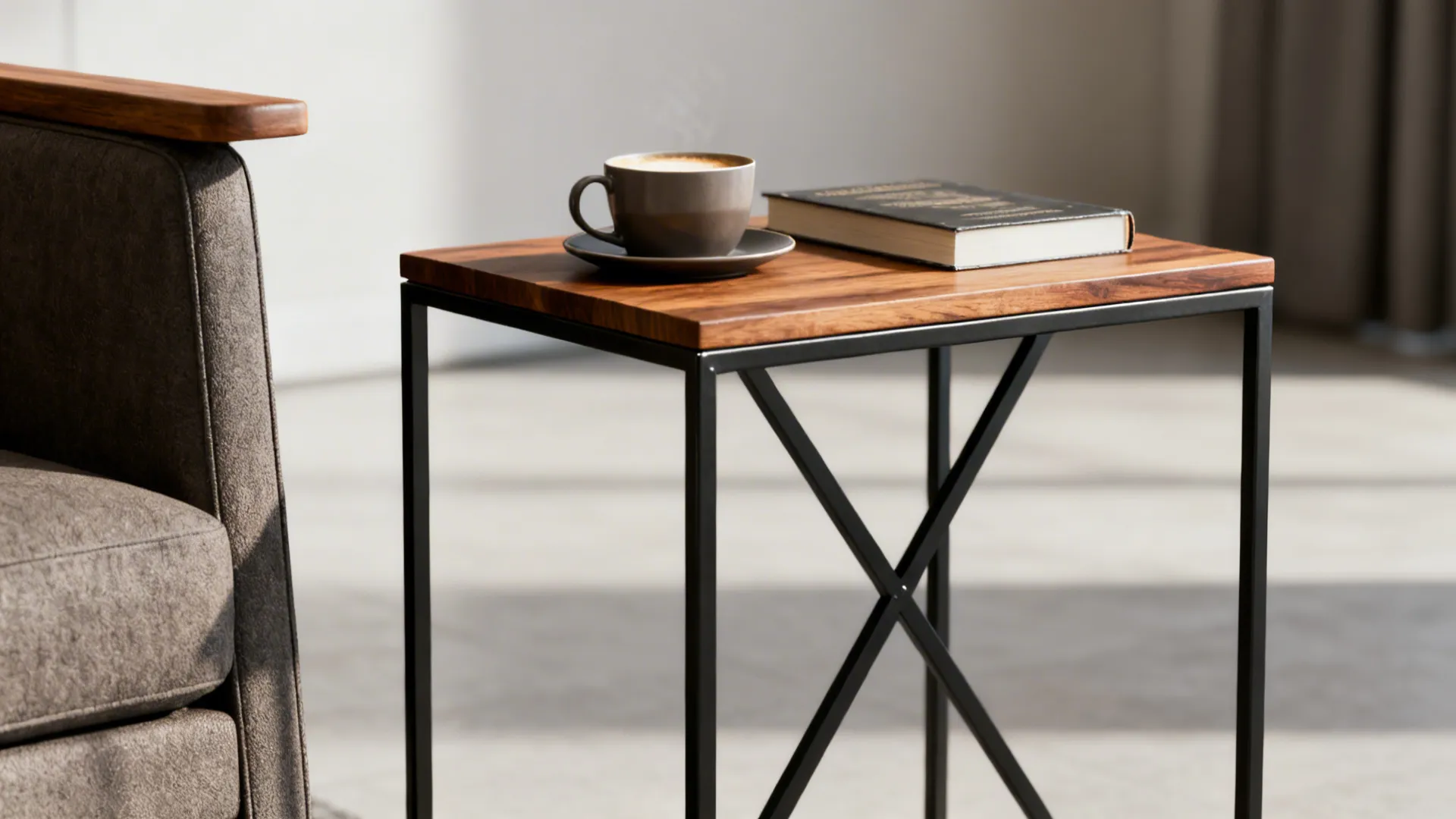 Slim black metal frame side table with cross-bracing and an oak top beside an armchair.