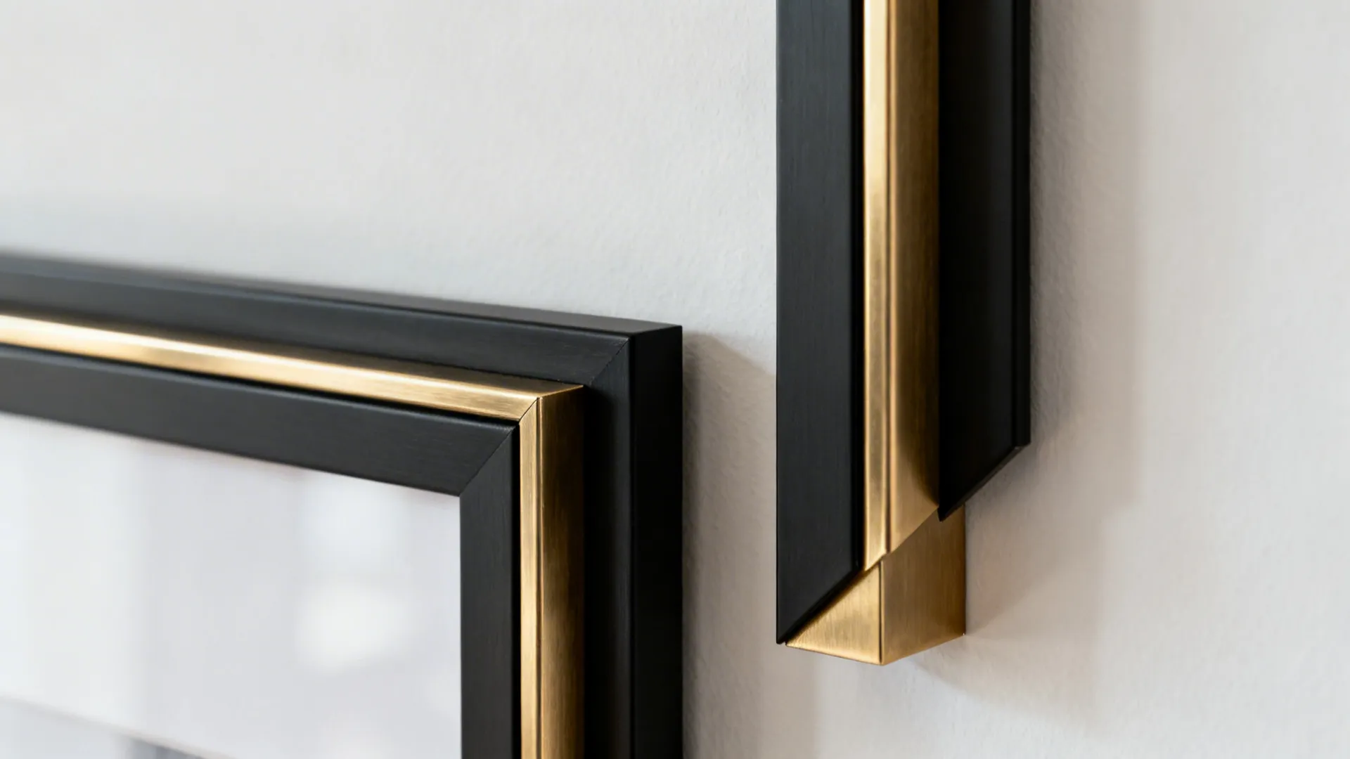 Close-up of slim matte black and brushed brass metal picture frames on a neutral wall.