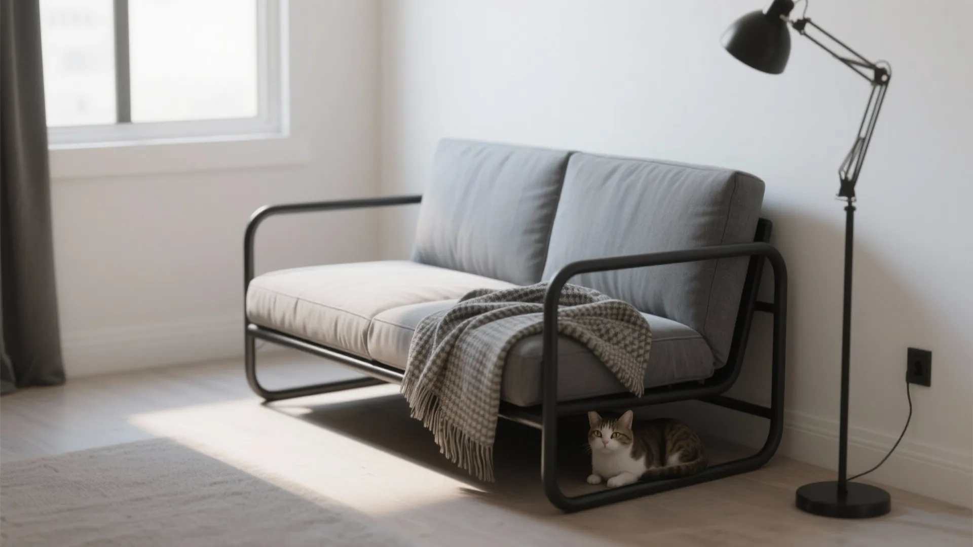 Modern grey sofa with black metal frame and a cat sitting on the wood floor