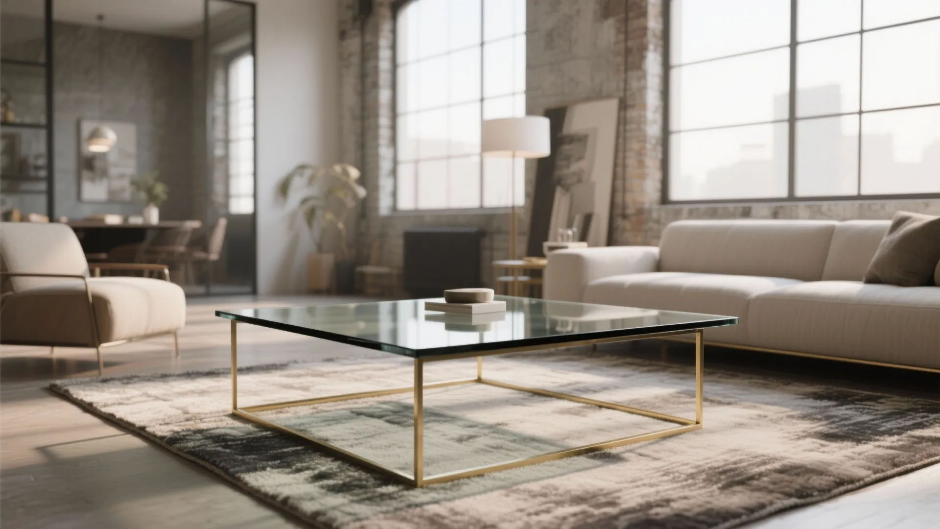Square glass coffee table with gold frame on a grey rug in a modern living room