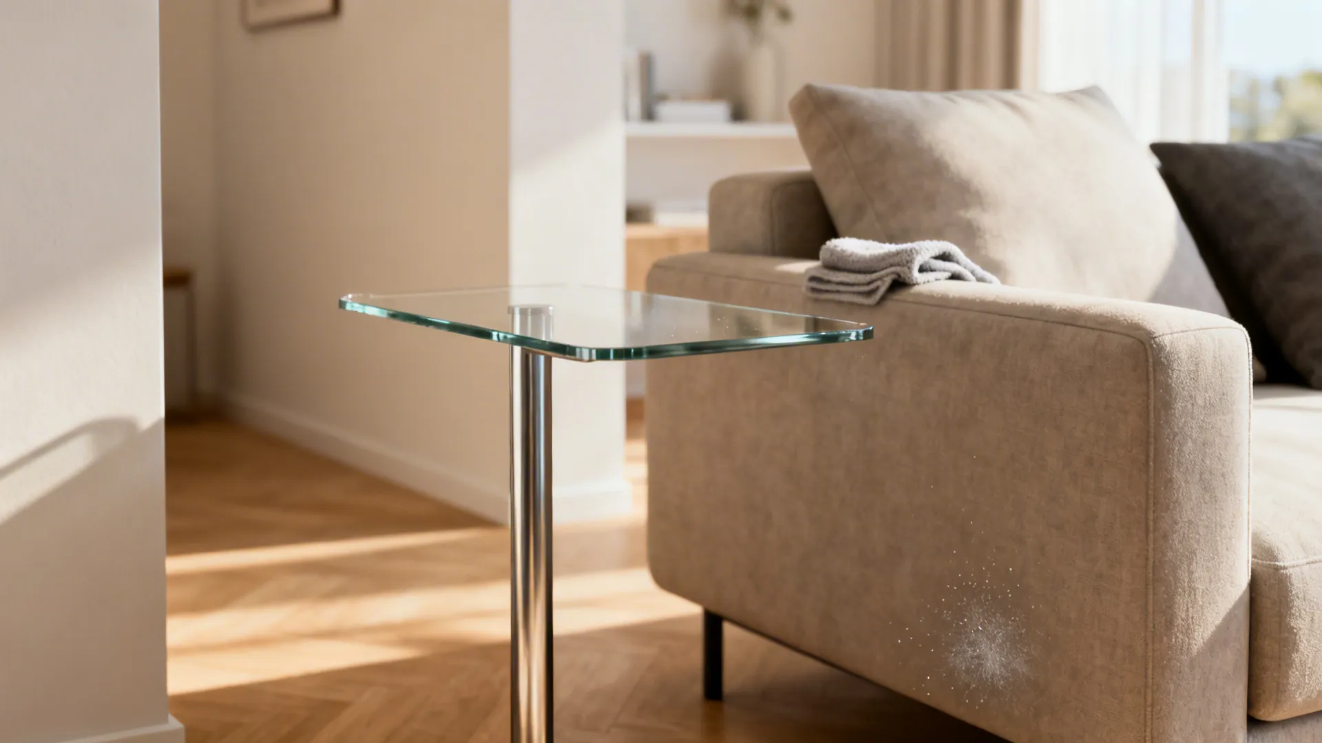 Narrow metal-leg end table with a clear glass top beside a sofa, showing unobstructed sightlines.