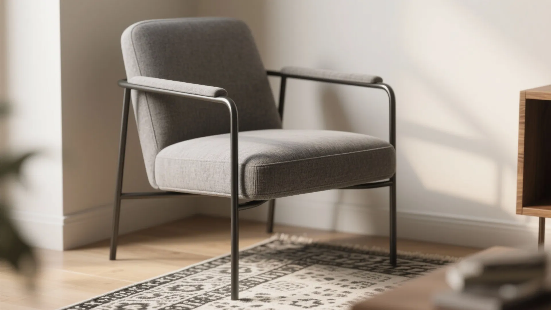 1. Slim metal frame gray armchair — airy and modern