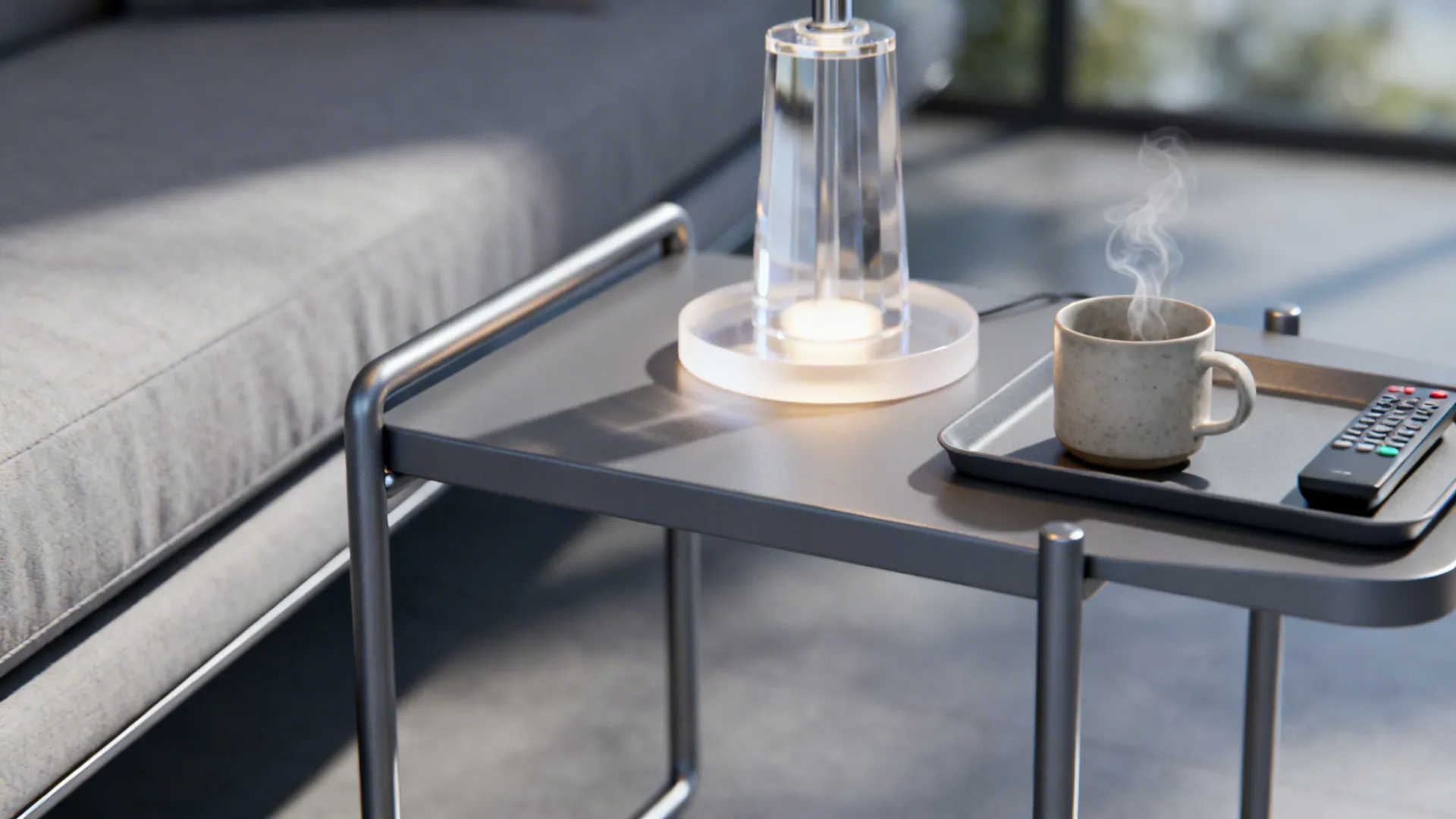 Slim metal-framed grey end table with acrylic lamp and tray beside a sofa.
