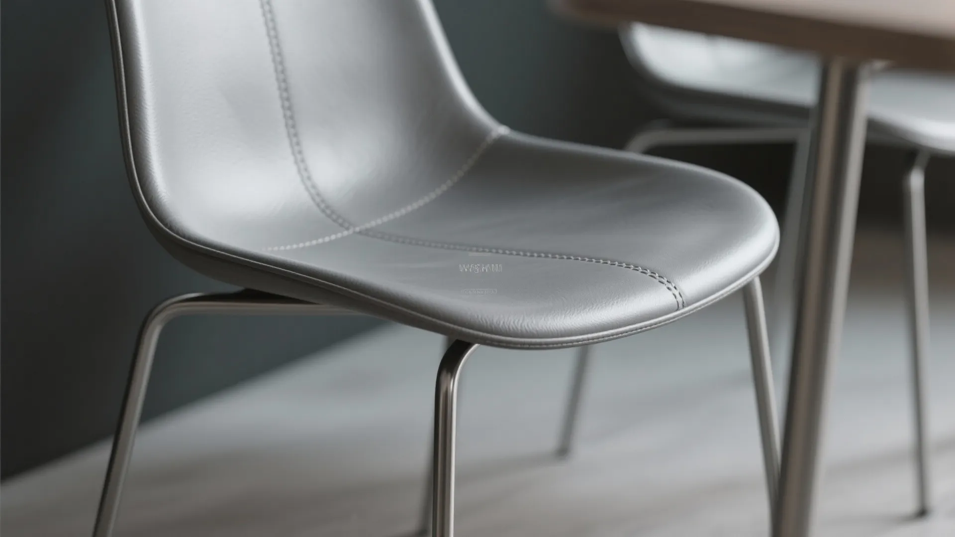 Close up view of a grey leather dining chair with slim metal legs and stitching