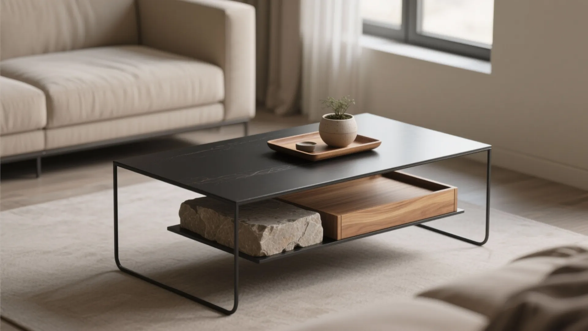 Modern black metal coffee table featuring a stone block and wooden storage drawer inside underneath