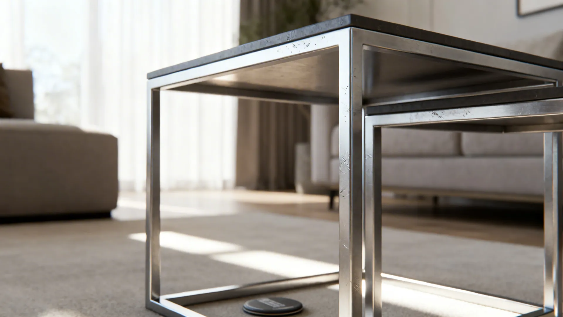 Close-up of slim metal nesting tables with open frames and a protective coaster