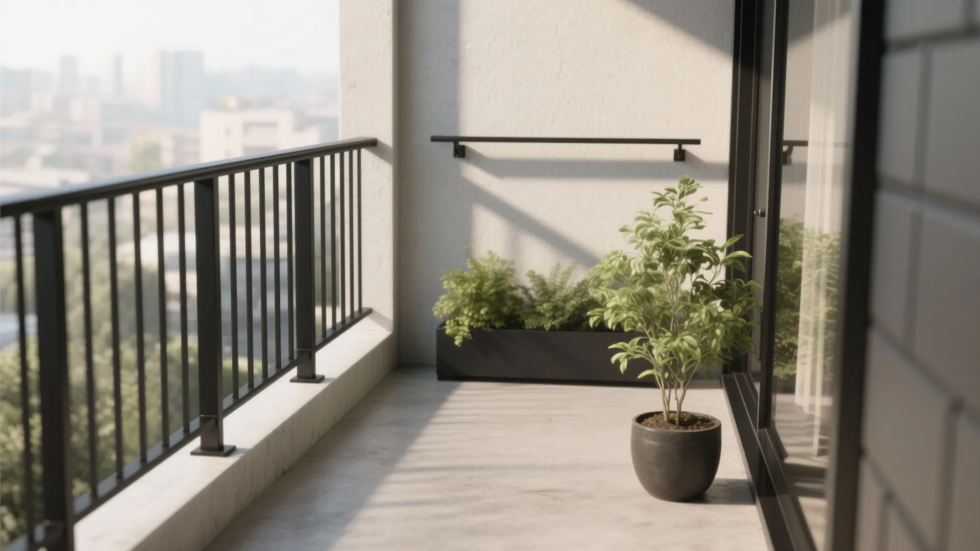 Modern balcony with black metal railing green potted plants white wall and city view background