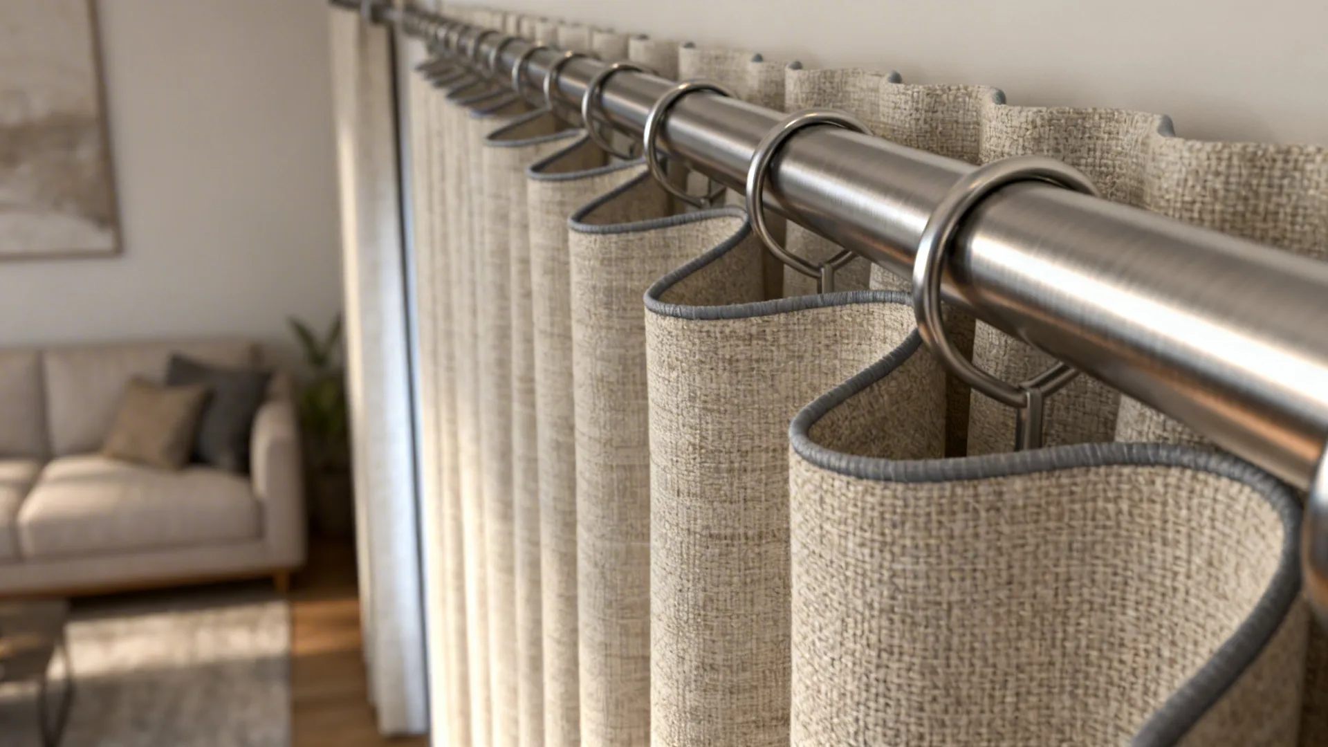 Slim metal curtain rod and flat pleat curtain detail emphasizing minimal profile and clean sightlines.