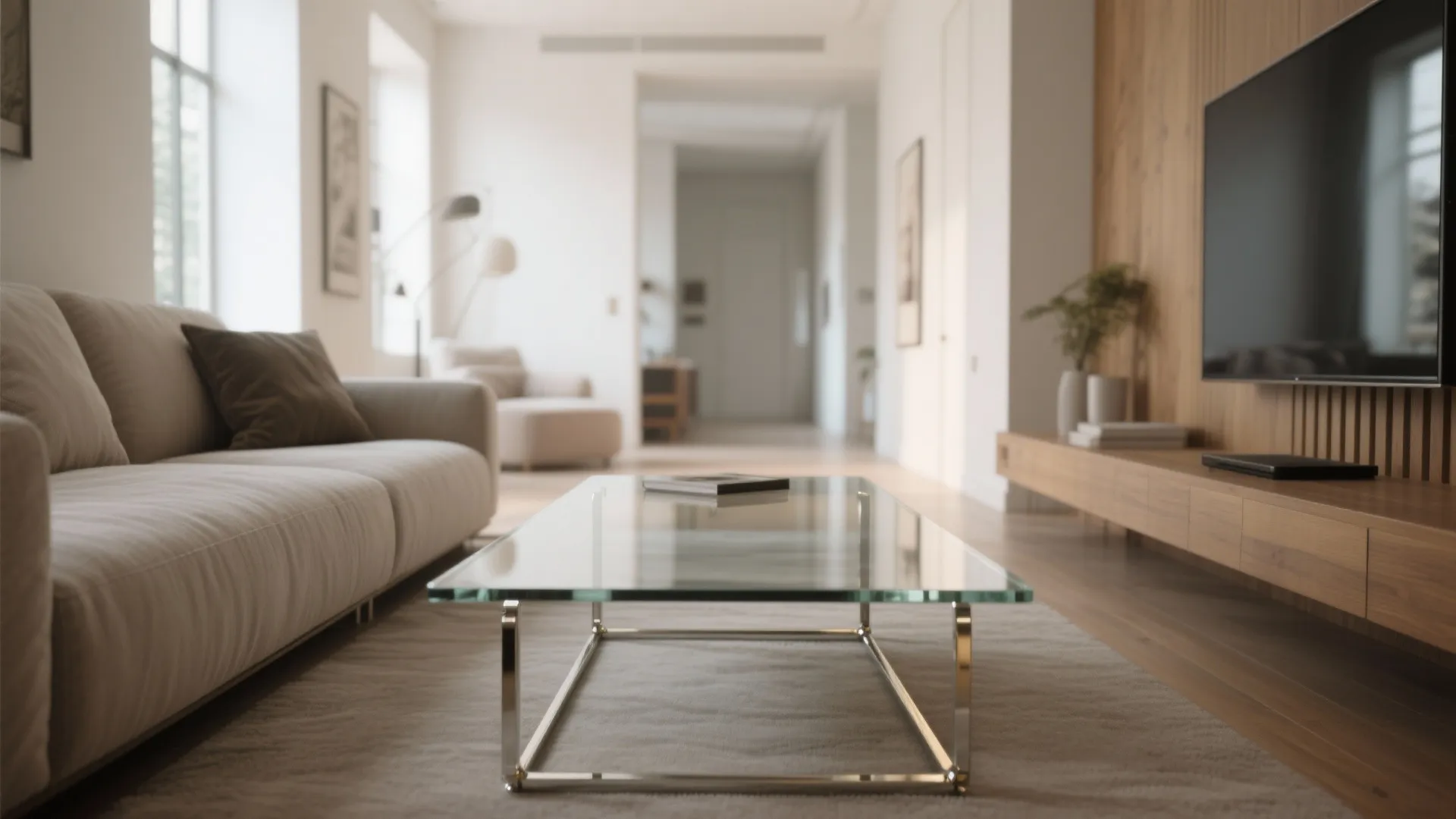 Narrow living room with a slim metal-framed glass coffee table creating visual space.
