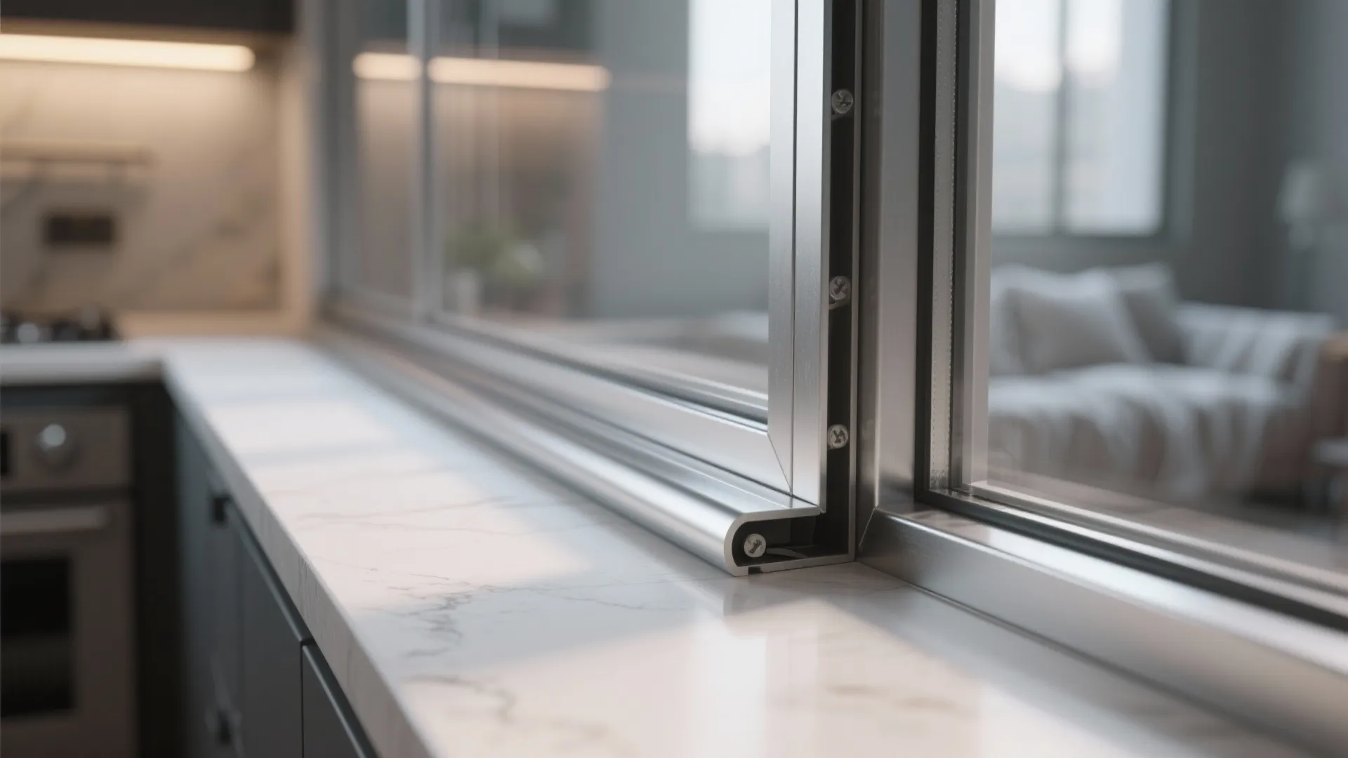 Close up of slim silver metal window trim on white marble kitchen countertop near living area