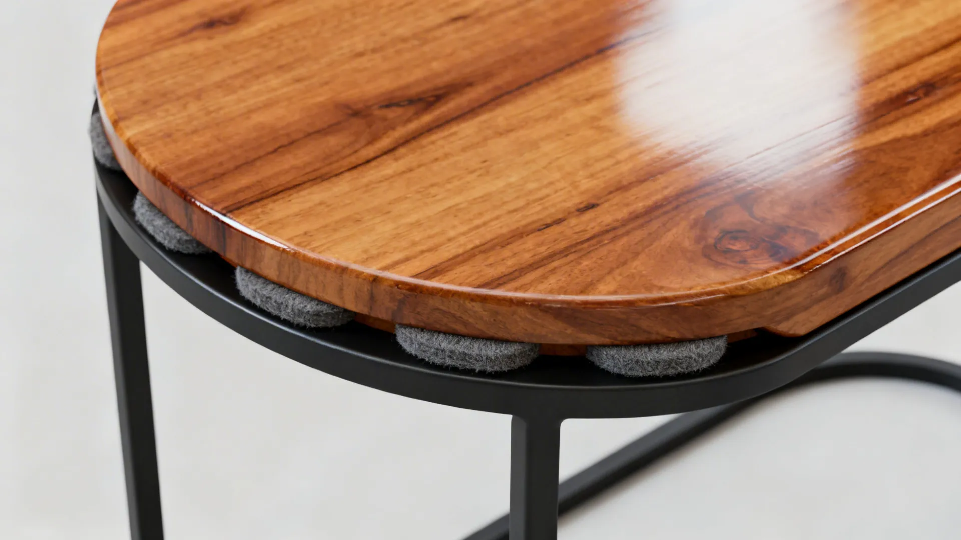 Macro view of a slim metal-frame C-table with a warm wood top and felt pads.