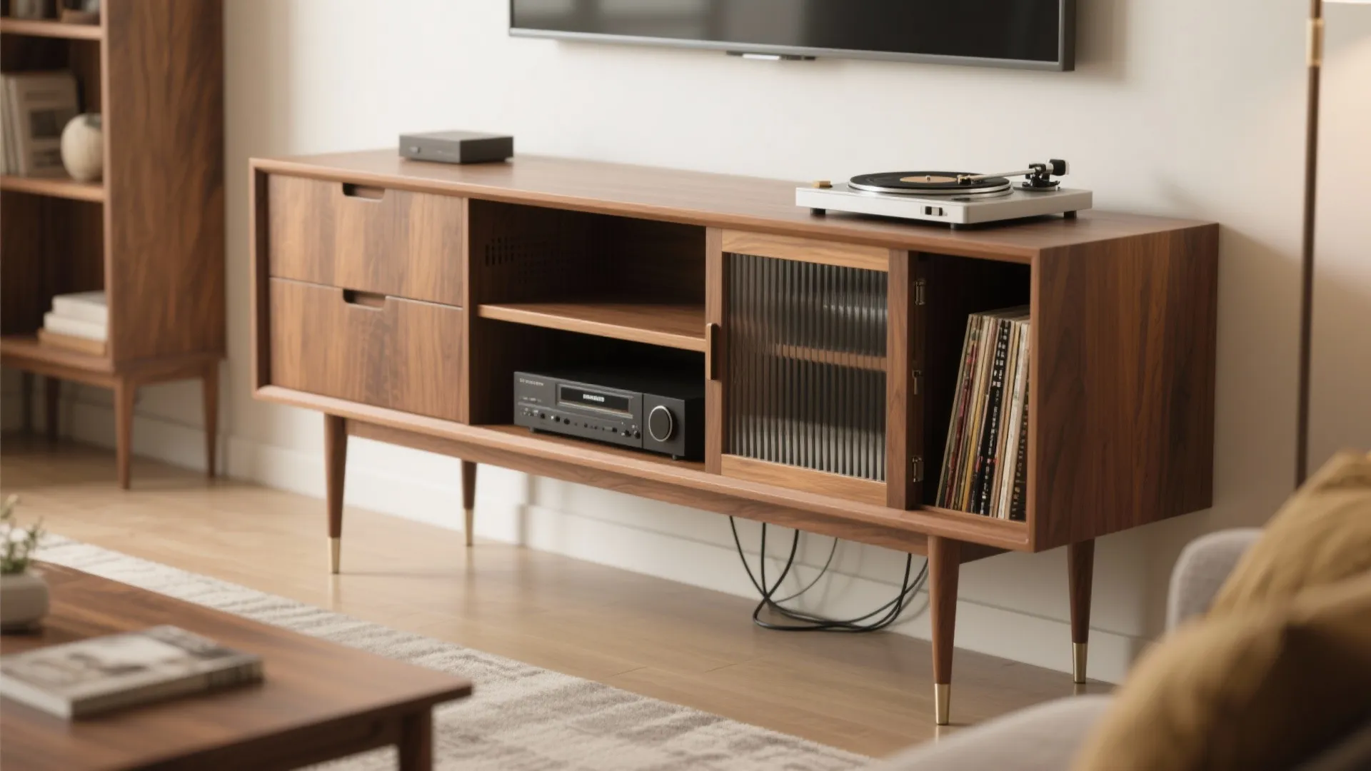 Mid-century wooden TV stand with glass doors holding a record player and various media players