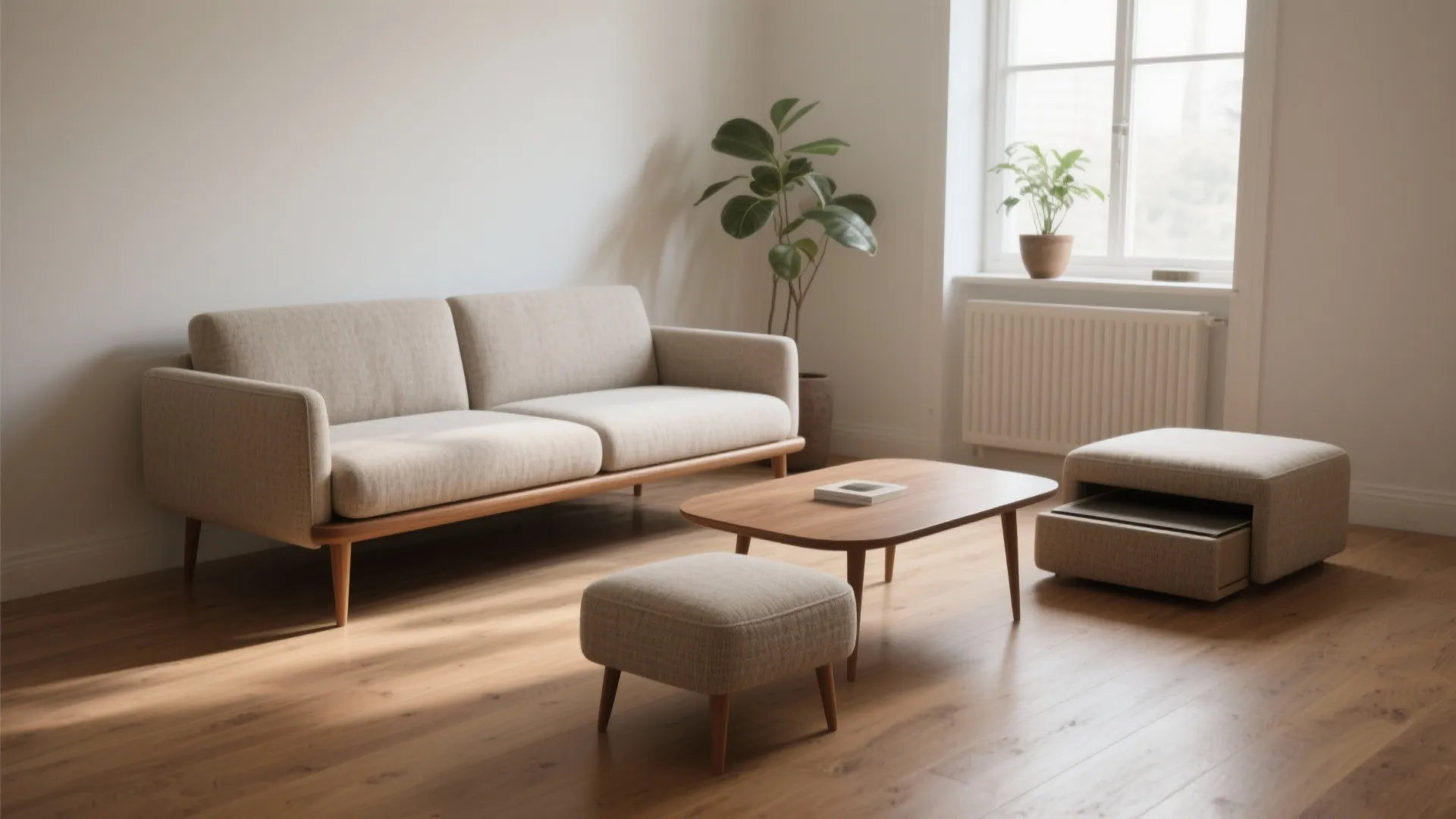 Minimalist living room with beige sofa wooden coffee table two footrests indoor plants and natural light