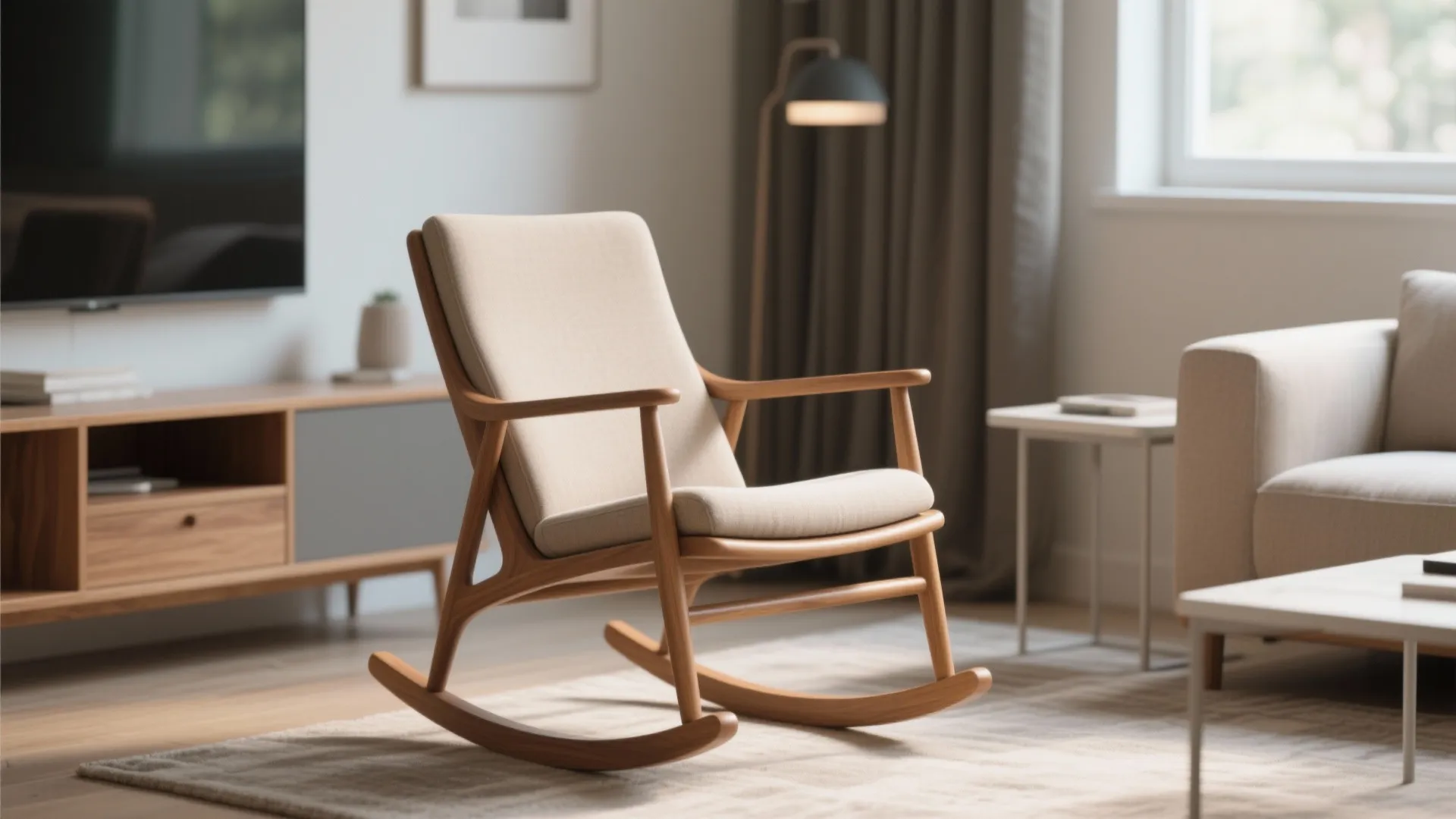 Slim-profile mid-century rocking chair with raised legs and open frame in a small living room.