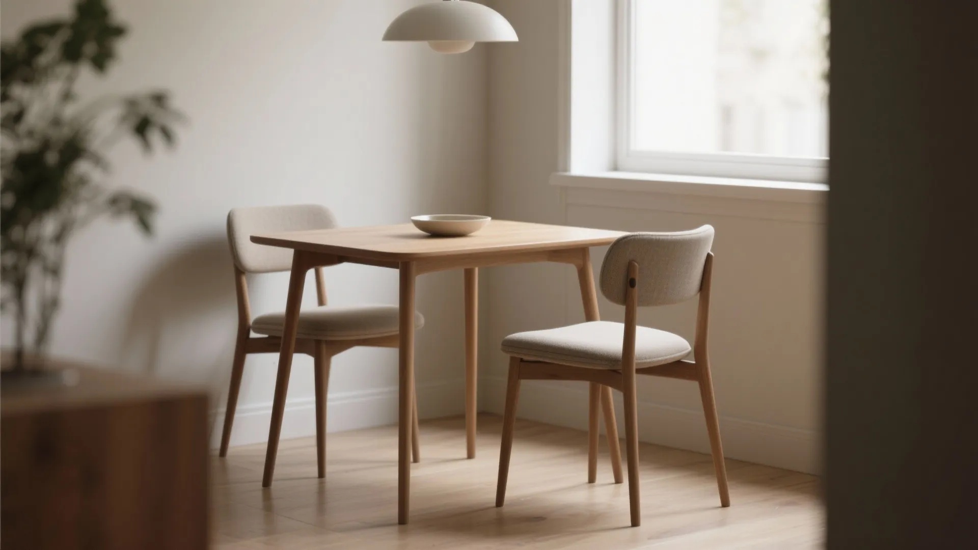 Minimalist wooden dining table and two chairs with beige cushions under white ceiling light fixture