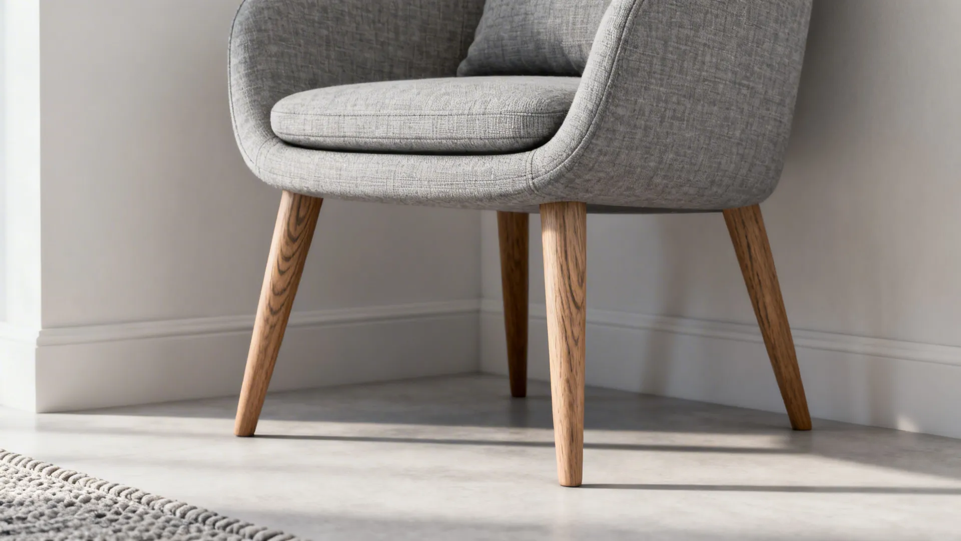 Macro view of a slim mid-century grey chair showing tapered legs and textured grey fabric.
