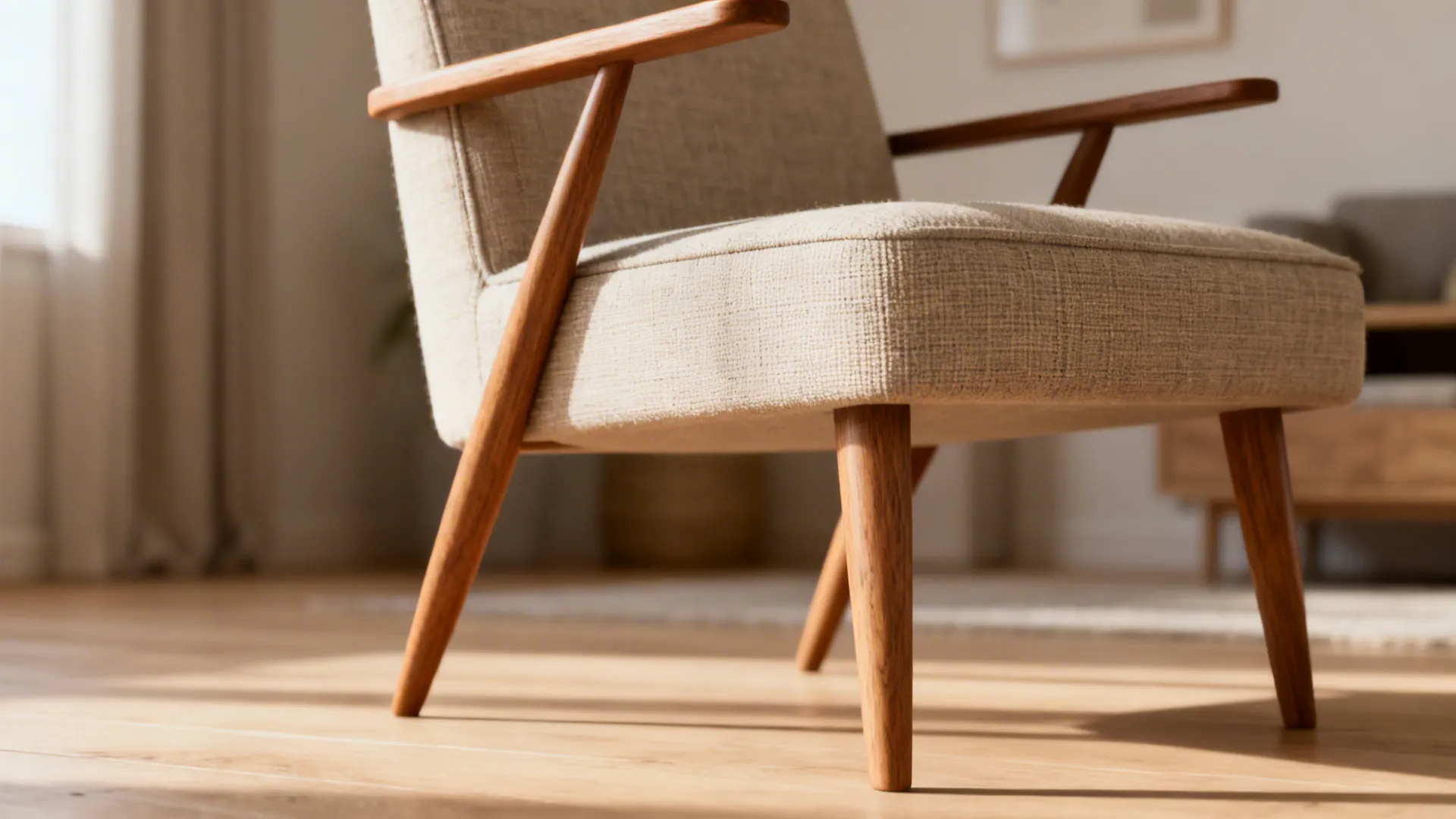 Close-up of a slim mid-century accent chair showing tapered legs and narrow arms in warm neutrals