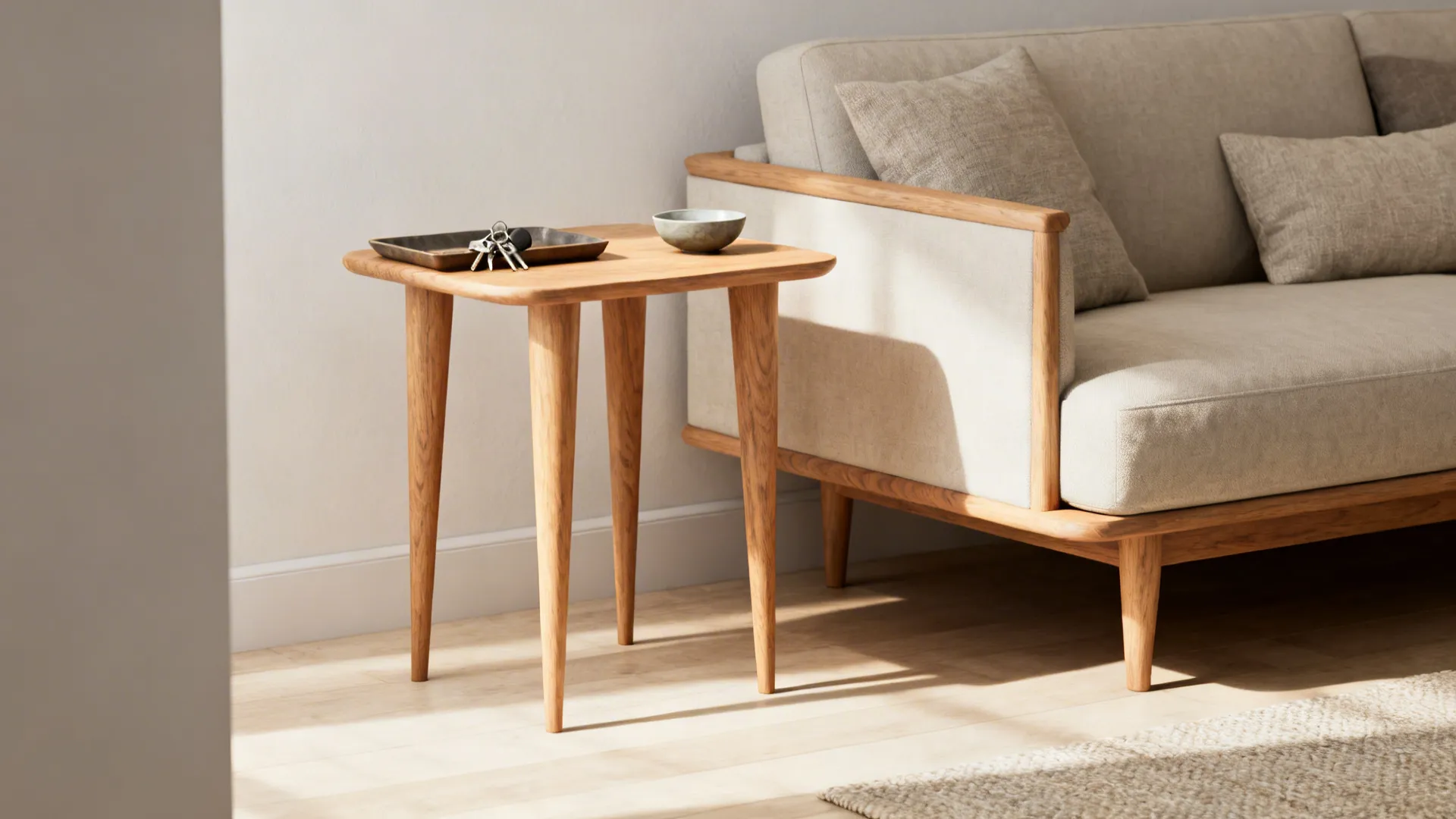 Slim mid-century wooden end tables with tapered legs beside a low sofa and a small tray on top.