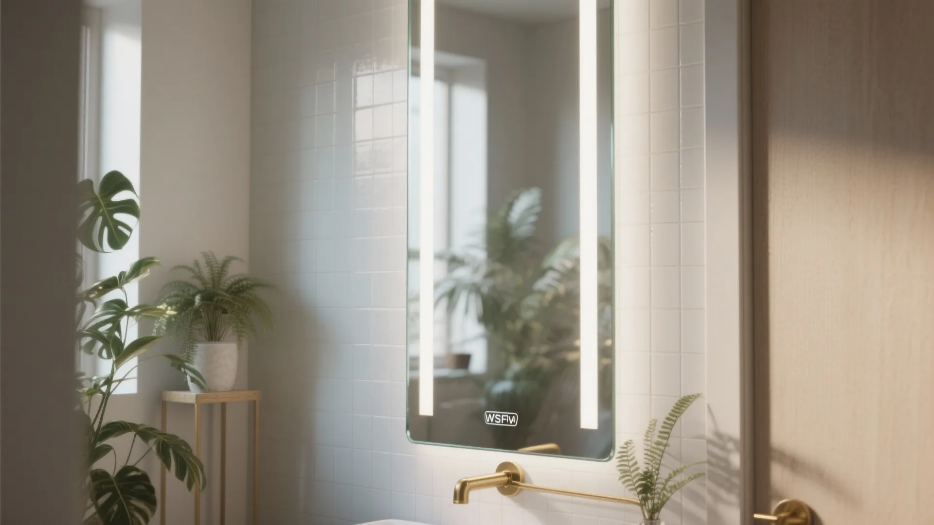 Tall slim bathroom mirror reflecting light and elongating a compact wall space.