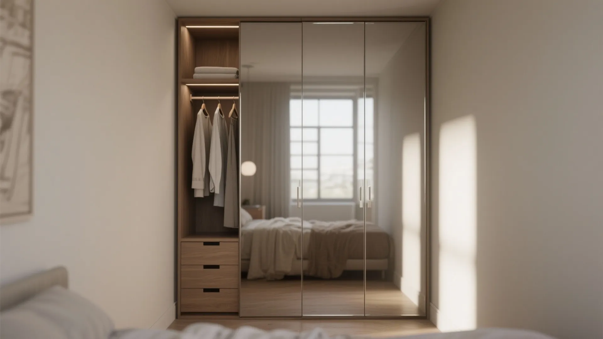 Slim mirrored armoire in a narrow alcove reflecting window light and showing efficient slim storage.