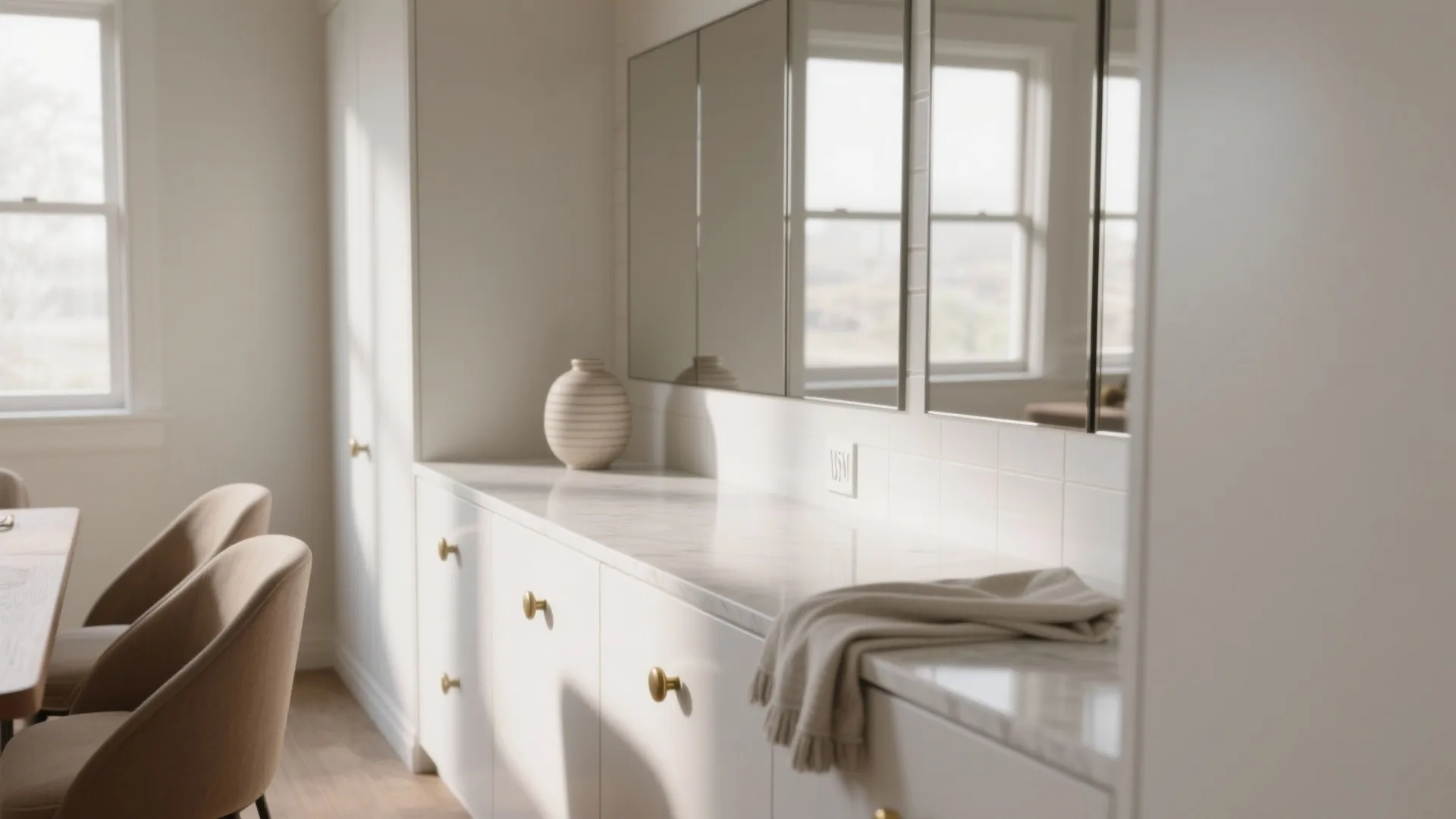 Narrow white buffet with mirrored backsplash reflecting the small dining corner and amplifying depth.