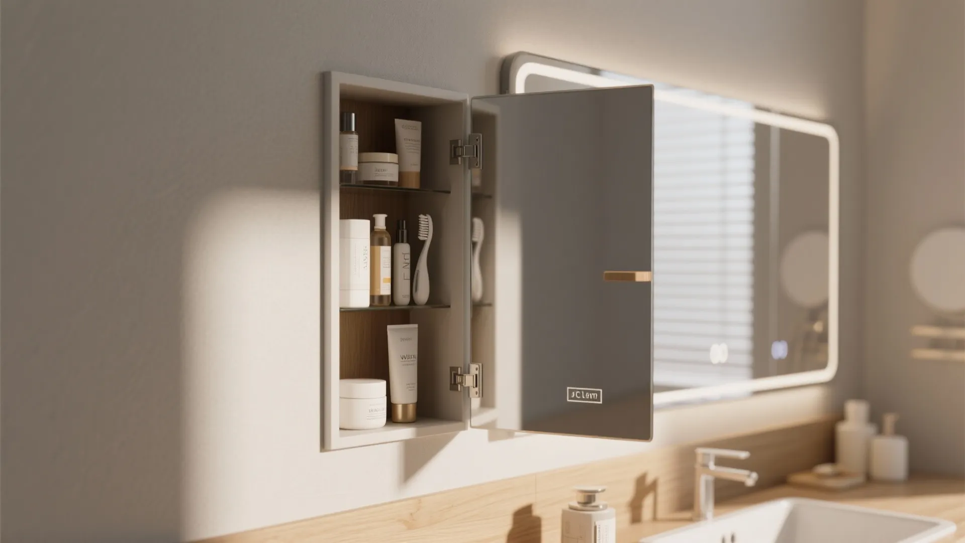 Slim recessed mirror cabinet with mirrored interior neatly storing essentials in a small bathroom