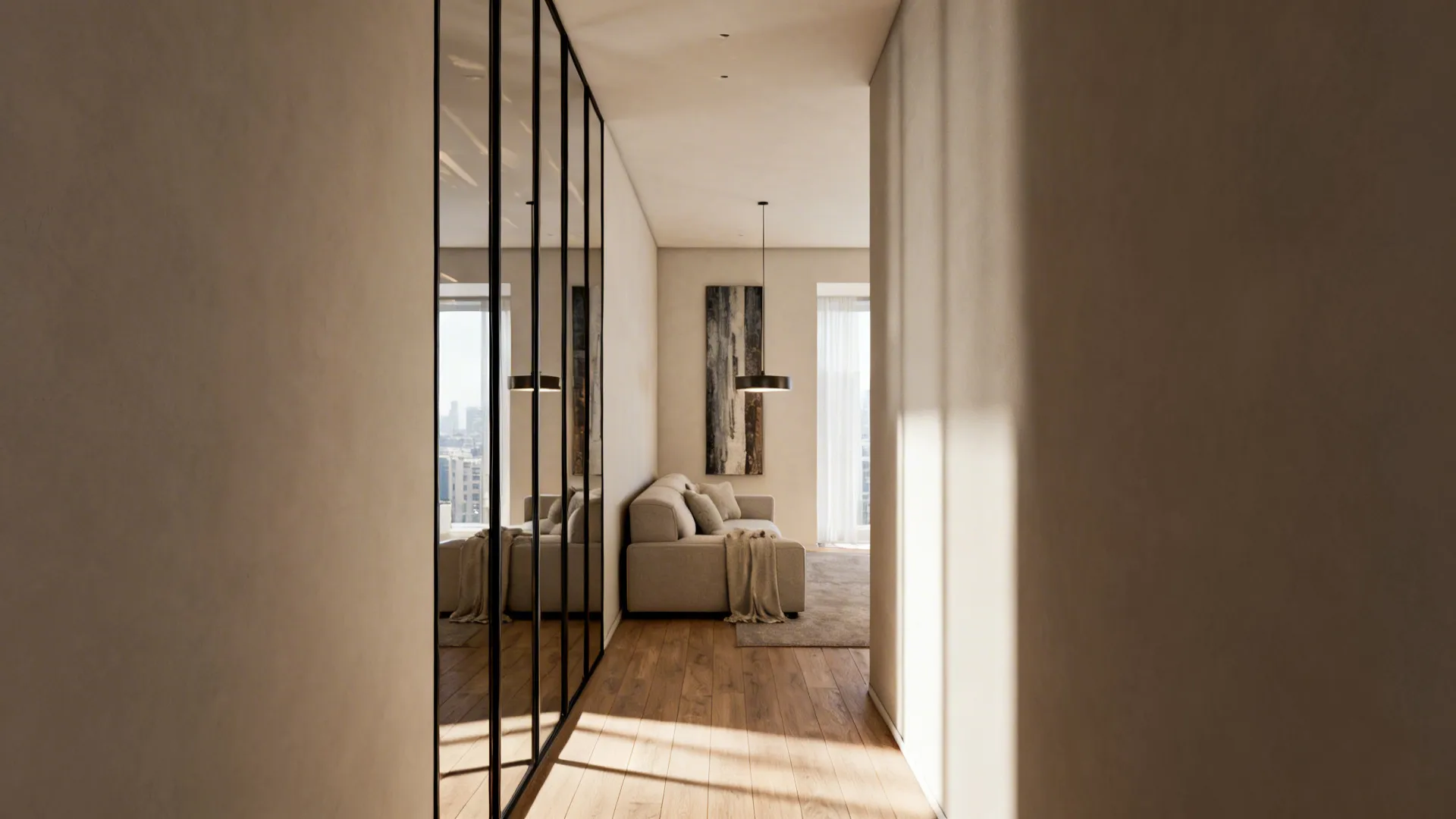 Narrow hallway with large wall mirror panels reflecting a sofa wooden floor and warm light