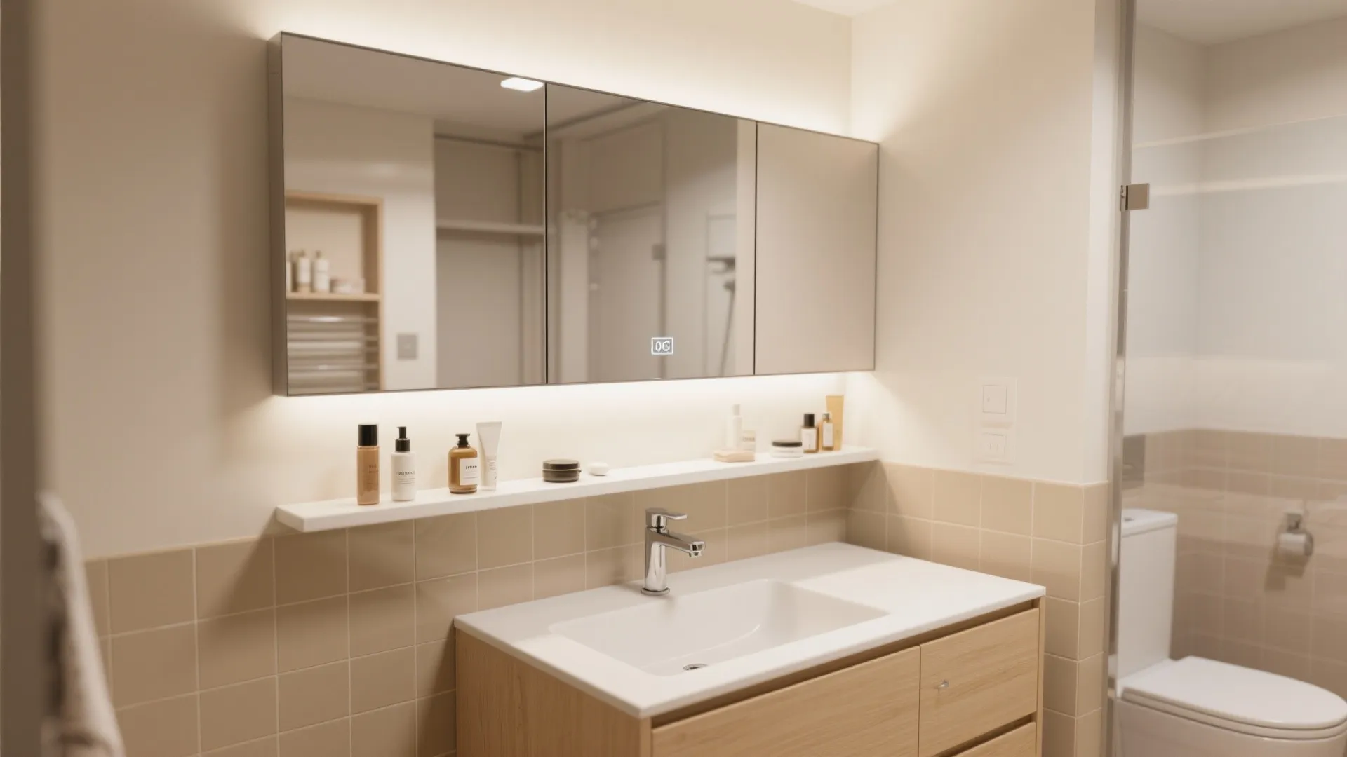 Large mirror with light fixture white shelf holding bottles above wooden sink cabinet beige tiles