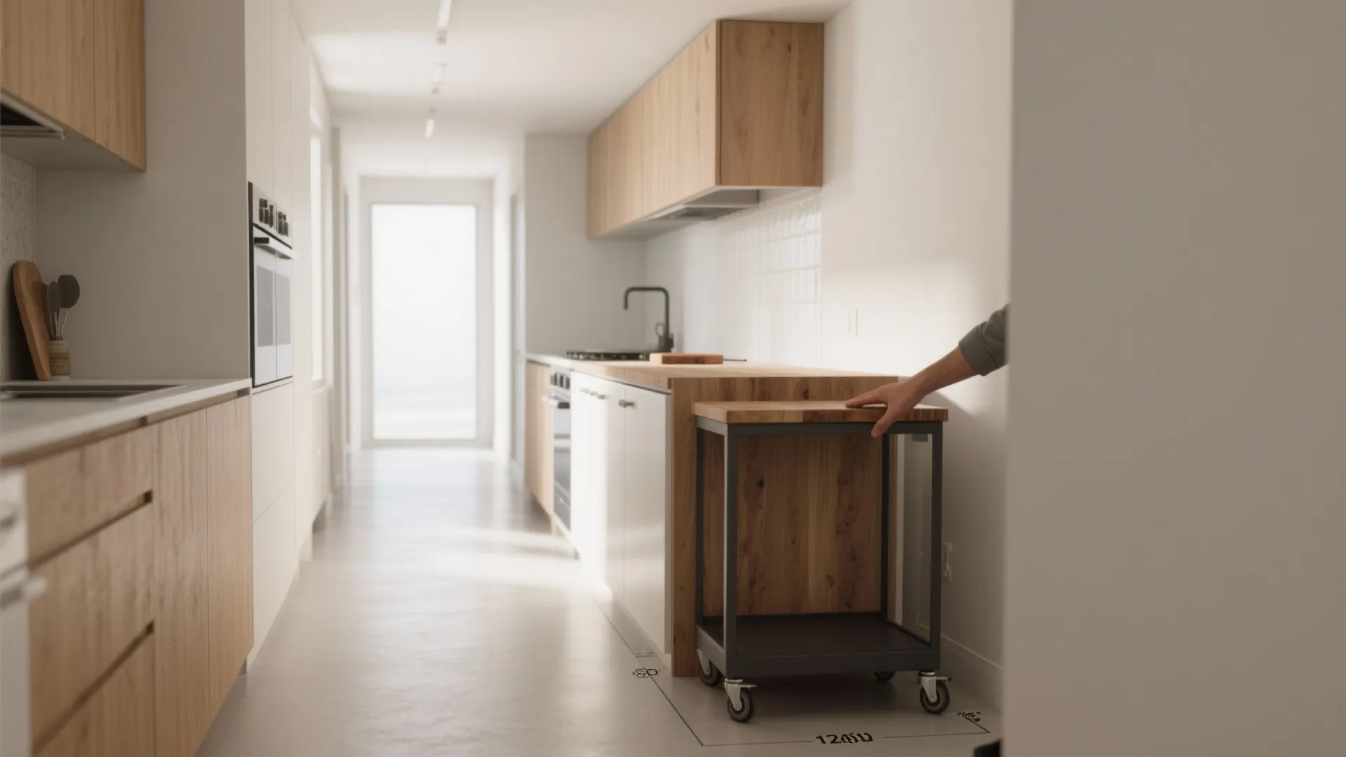 Hand moving a small wooden kitchen cart on wheels under a wood grain kitchen counter