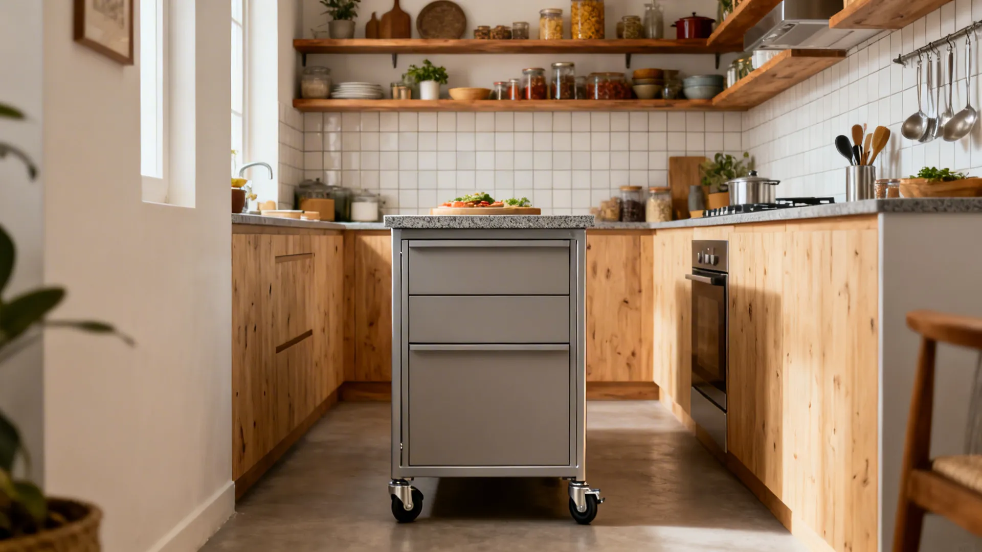 Grey mobile kitchen island with wheels in a wooden kitchen with open shelves and jars