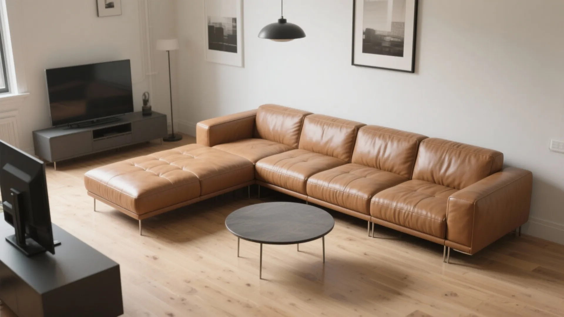 Modern living room with brown leather sectional sofa round black coffee table and television unit