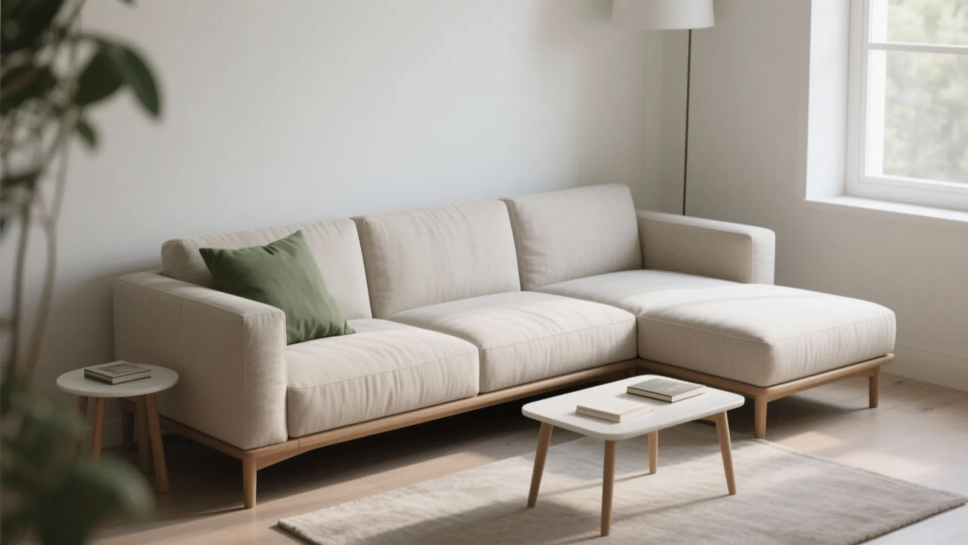 Modern cream l-shaped sofa with green pillow on wooden legs in a bright living room