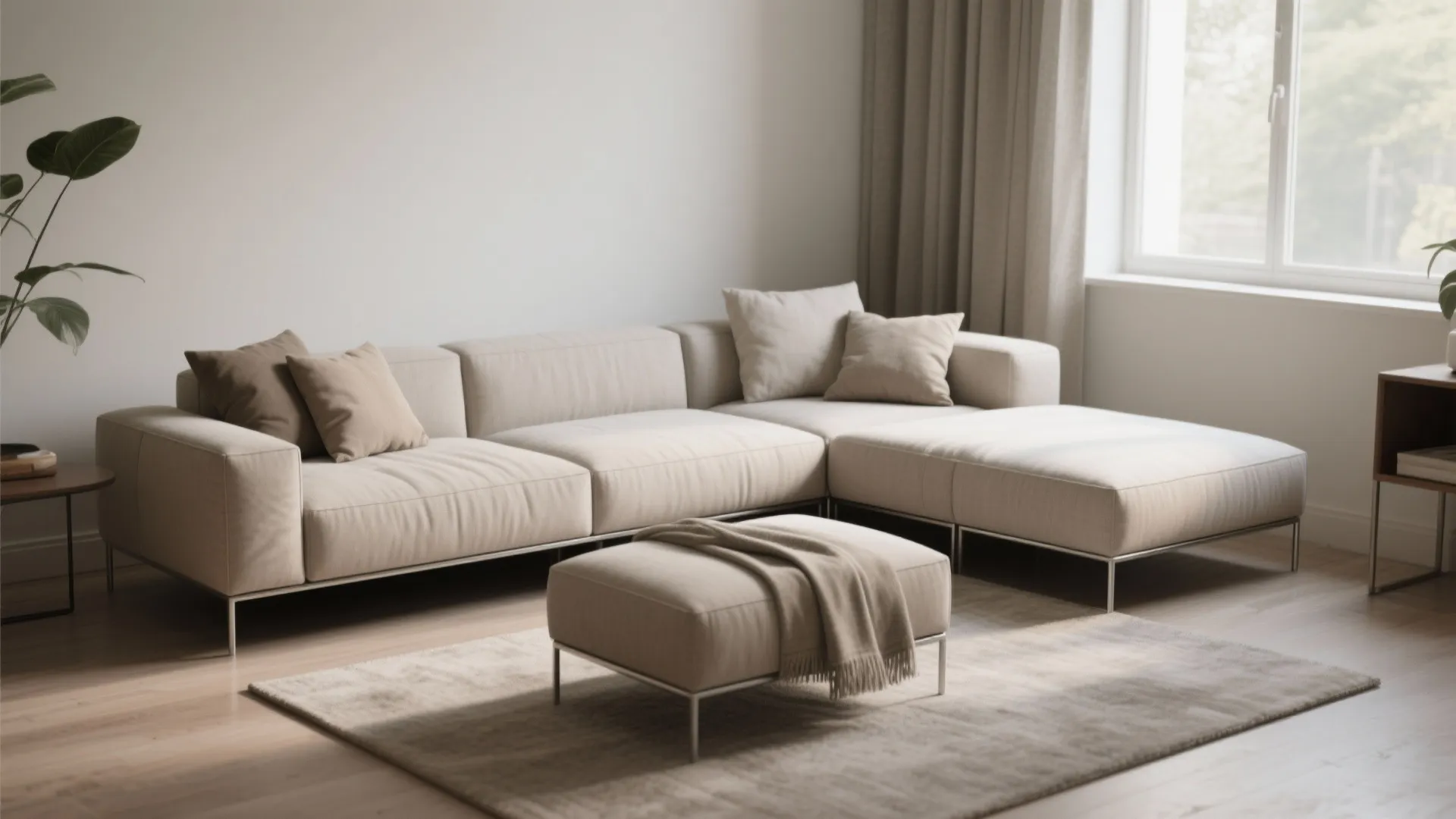 Modern cream sofa with matching footrest on grey rug in bright living room with windows
