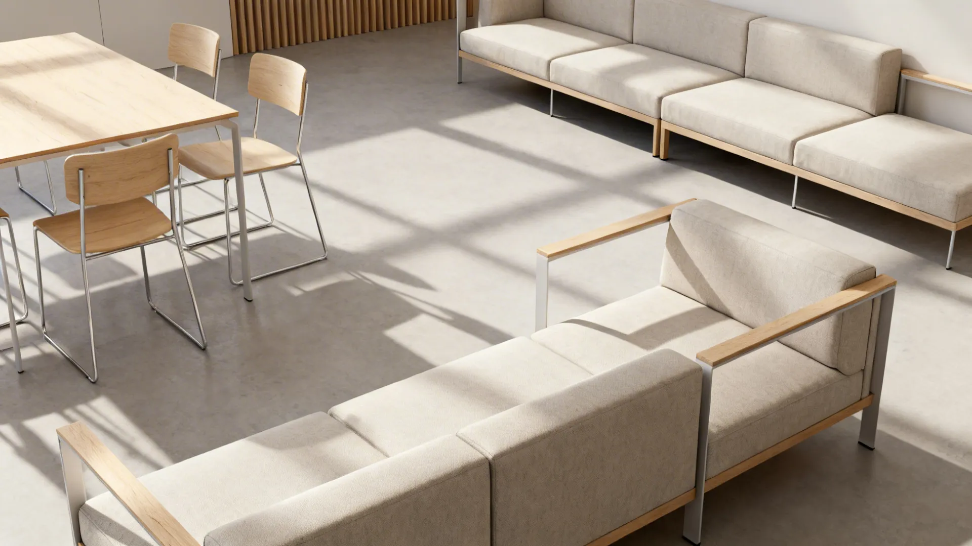 Slim-profile modular sofa and compact dining set arranged for flexible layouts