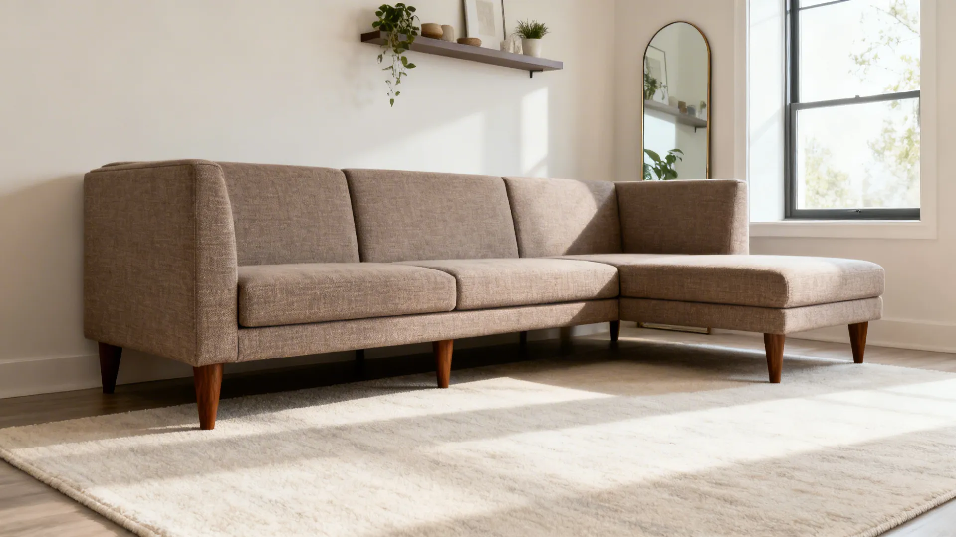 Slim modular sofa with raised walnut legs in a bright small living room with a pale rug.