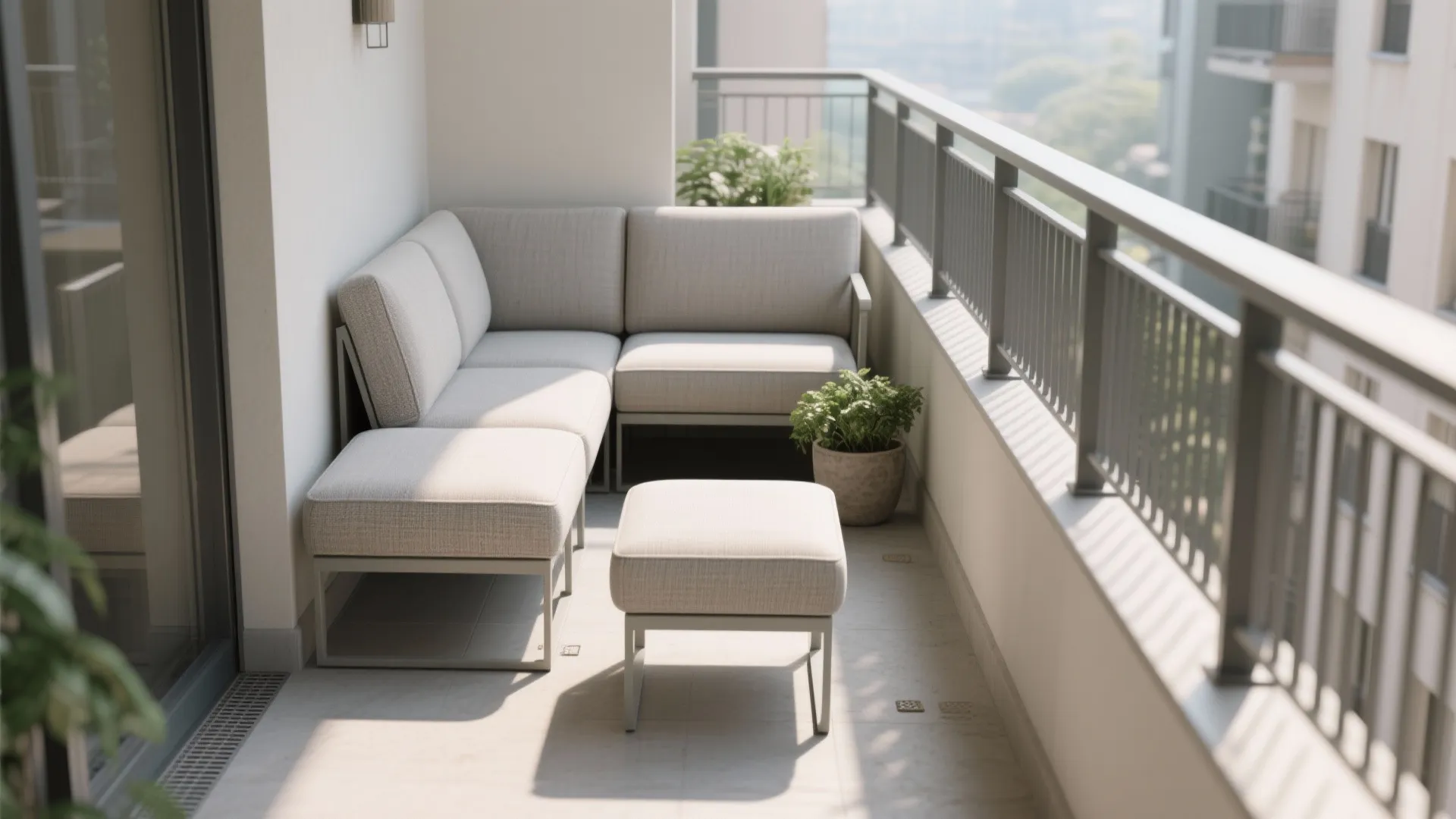 Slim modular ottomans and lounge chair arranged in an L shape on a narrow balcony.