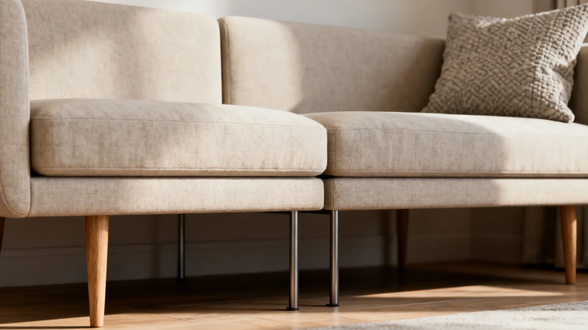 Low-back slim modular sofa split into two modules with exposed legs revealing floor space.